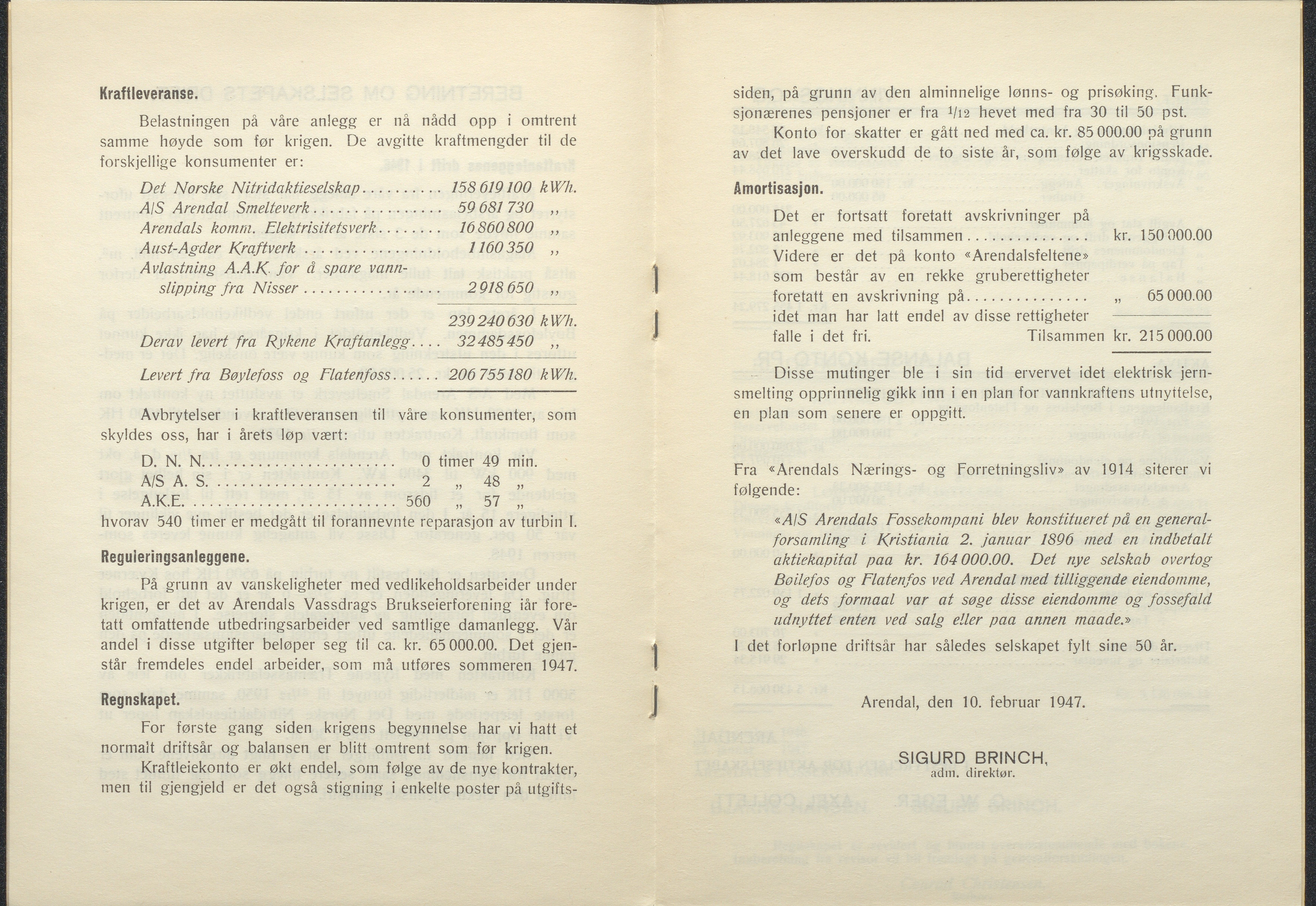 Arendals Fossekompani, AAKS/PA-2413/X/X01/L0001/0012: Beretninger, regnskap, balansekonto, gevinst- og tapskonto / Beretning, regnskap 1945 - 1962, 1945-1962, p. 10