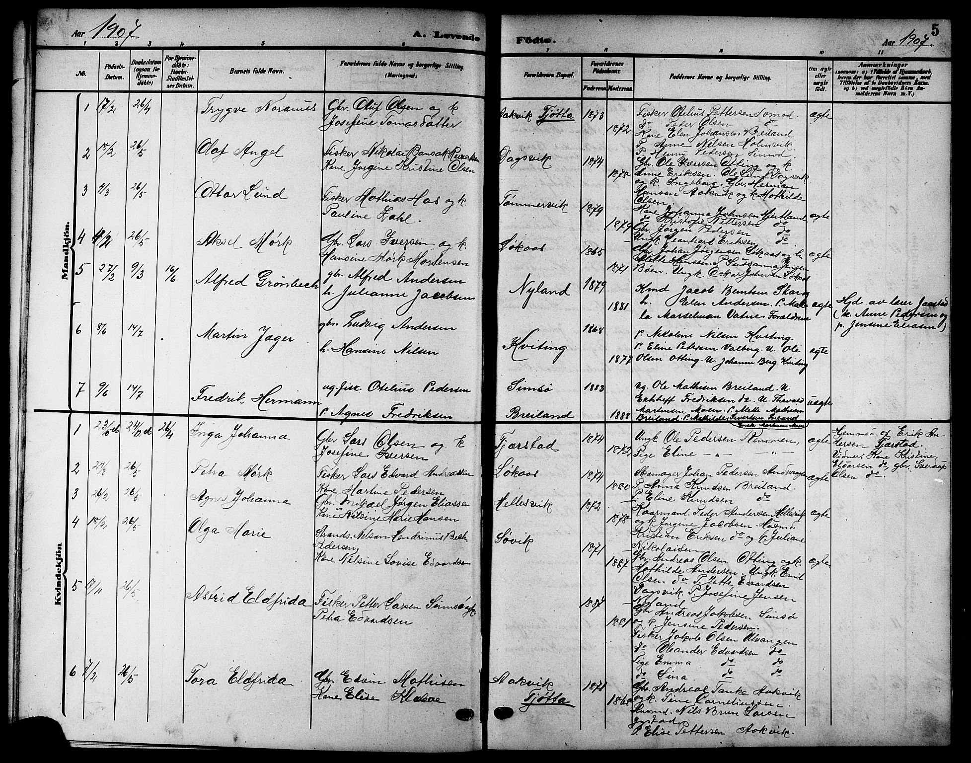 Ministerialprotokoller, klokkerbøker og fødselsregistre - Nordland, SAT/A-1459/832/L0494: Parish register (copy) no. 832C01, 1906-1922, p. 5
