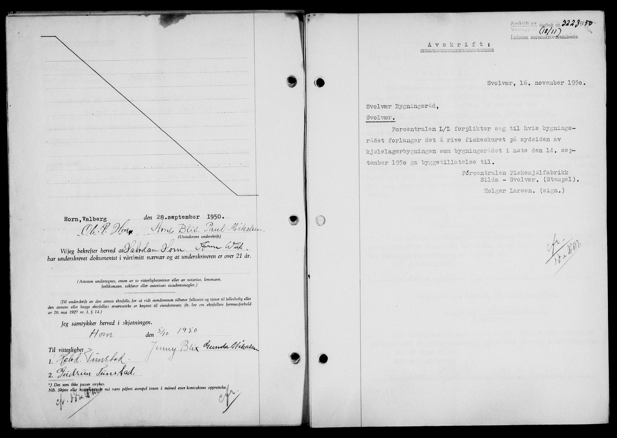 Lofoten sorenskriveri, SAT/A-0017/1/2/2C/L0025a: Mortgage book no. 25a, 1950-1951, Diary no: : 3223/1950
