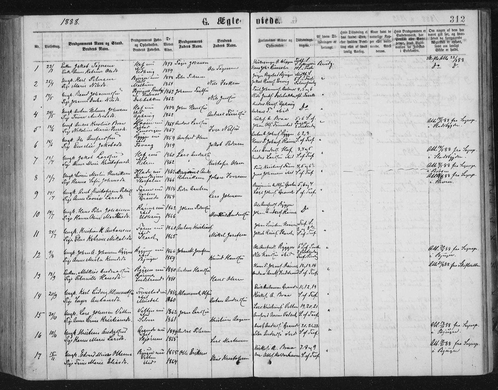 Ministerialprotokoller, klokkerbøker og fødselsregistre - Sør-Trøndelag, AV/SAT-A-1456/659/L0745: Parish register (copy) no. 659C02, 1869-1892, p. 312