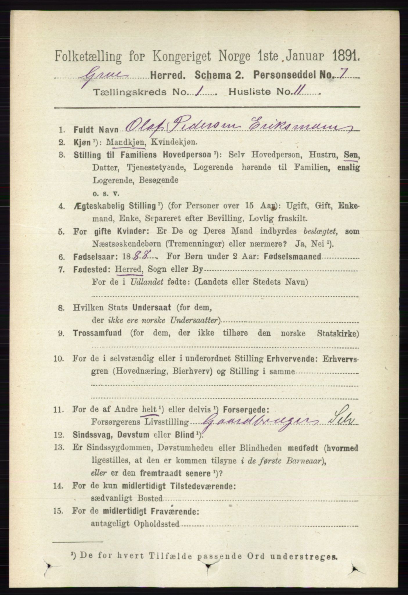 RA, 1891 census for 0423 Grue, 1891, p. 258