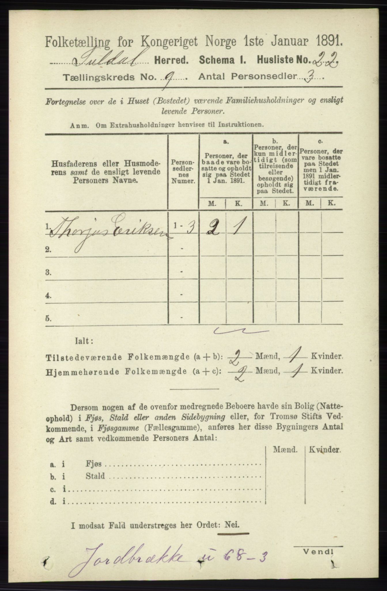 RA, 1891 census for 1134 Suldal, 1891, p. 2644