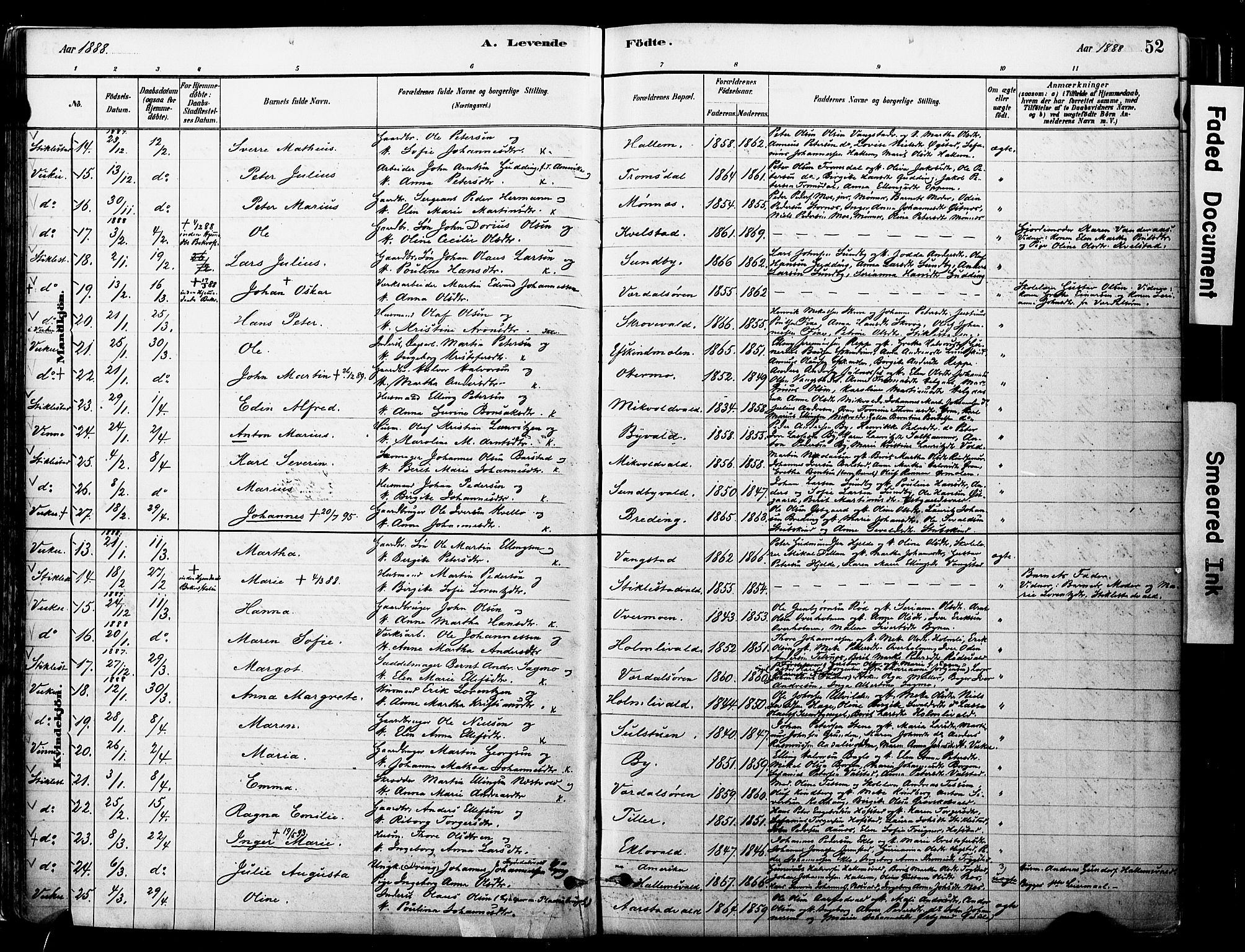 Ministerialprotokoller, klokkerbøker og fødselsregistre - Nord-Trøndelag, SAT/A-1458/723/L0244: Parish register (official) no. 723A13, 1881-1899, p. 52