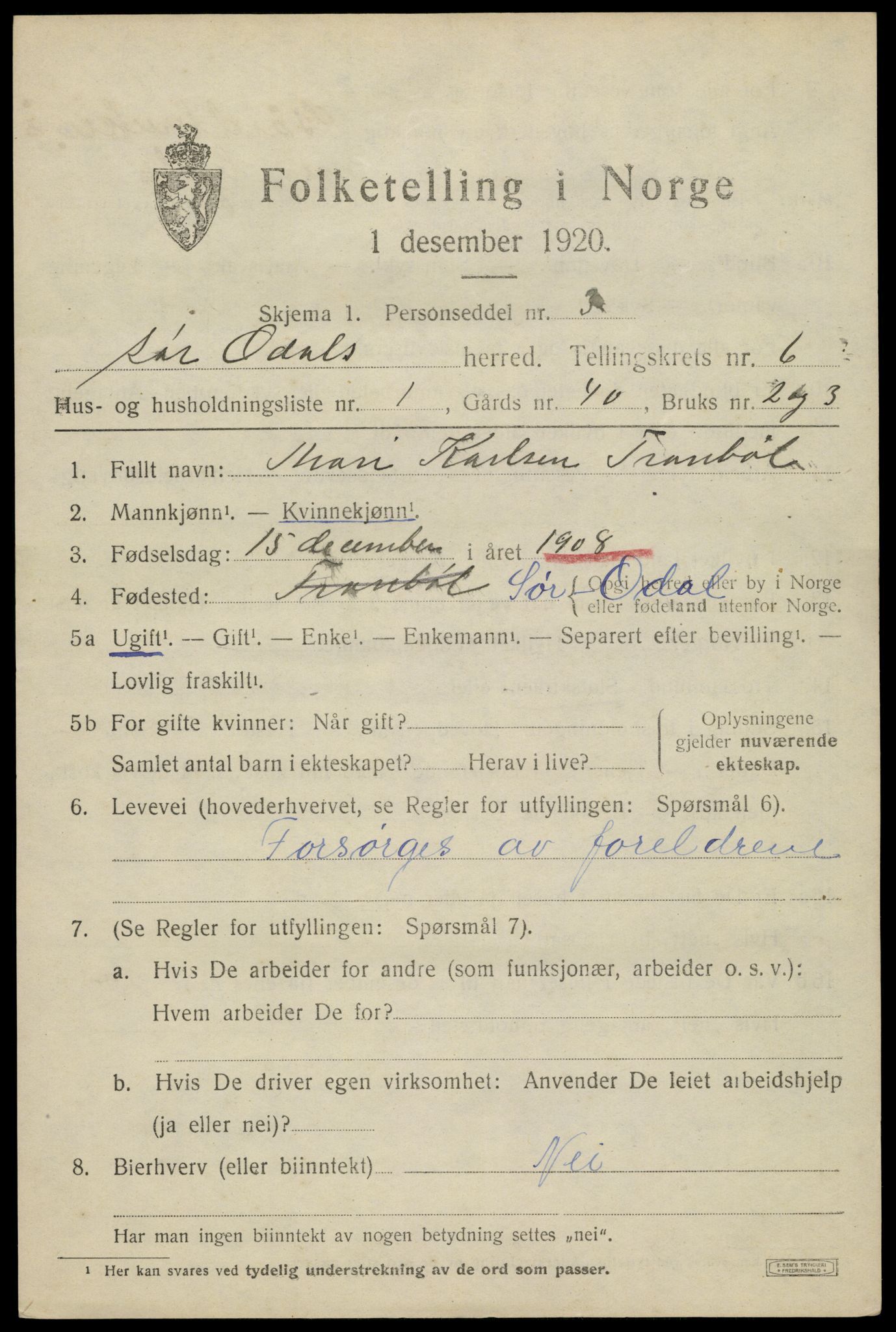 SAH, 1920 census for Sør-Odal, 1920, p. 6669