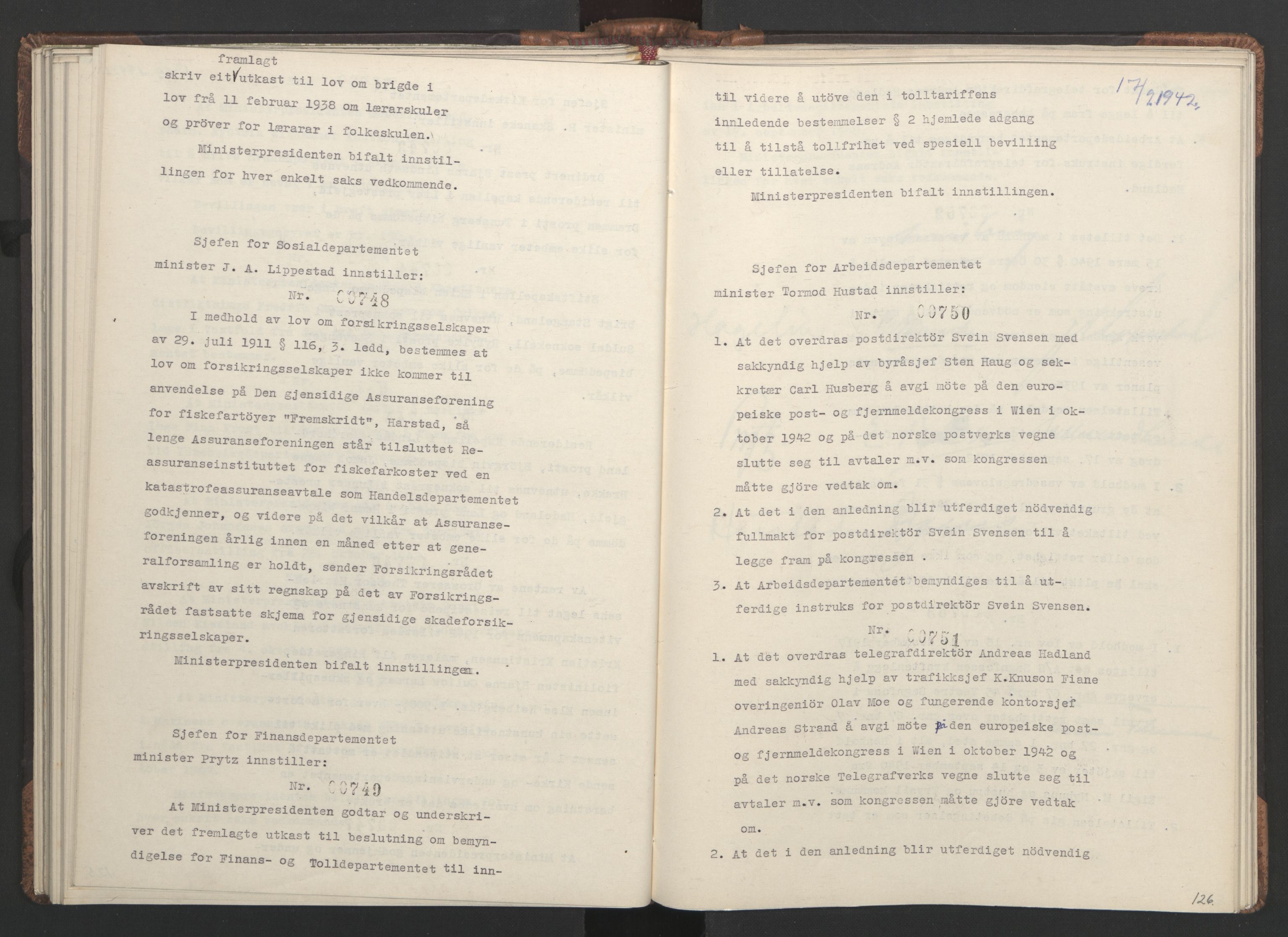 NS-administrasjonen 1940-1945 (Statsrådsekretariatet, de kommisariske statsråder mm), RA/S-4279/D/Da/L0001: Beslutninger og tillegg (1-952 og 1-32), 1942, p. 129