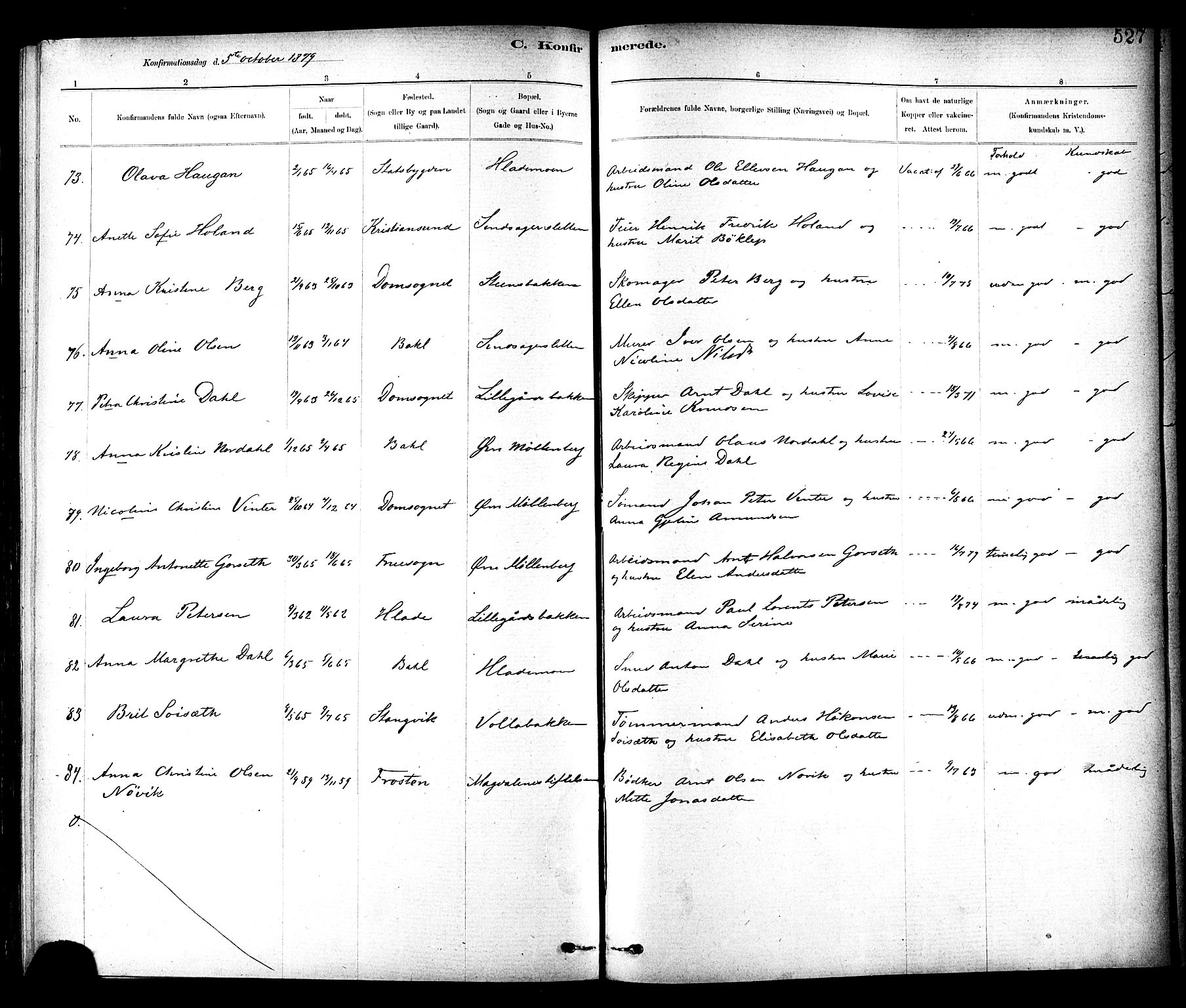 Ministerialprotokoller, klokkerbøker og fødselsregistre - Sør-Trøndelag, SAT/A-1456/604/L0188: Parish register (official) no. 604A09, 1878-1892, p. 527