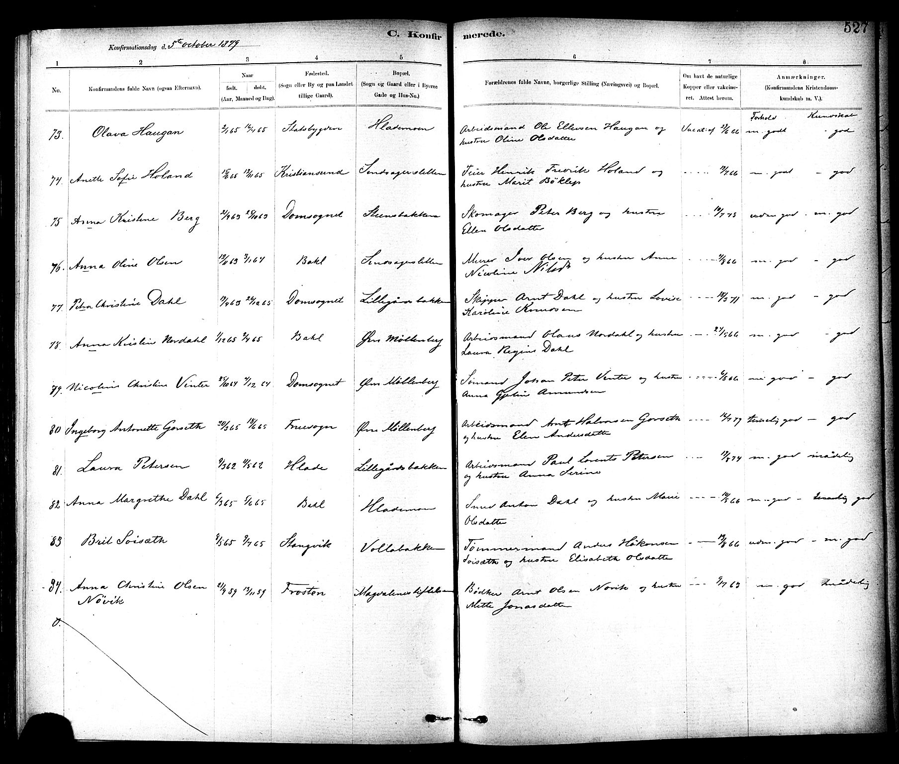 Ministerialprotokoller, klokkerbøker og fødselsregistre - Sør-Trøndelag, AV/SAT-A-1456/604/L0188: Parish register (official) no. 604A09, 1878-1892, p. 527