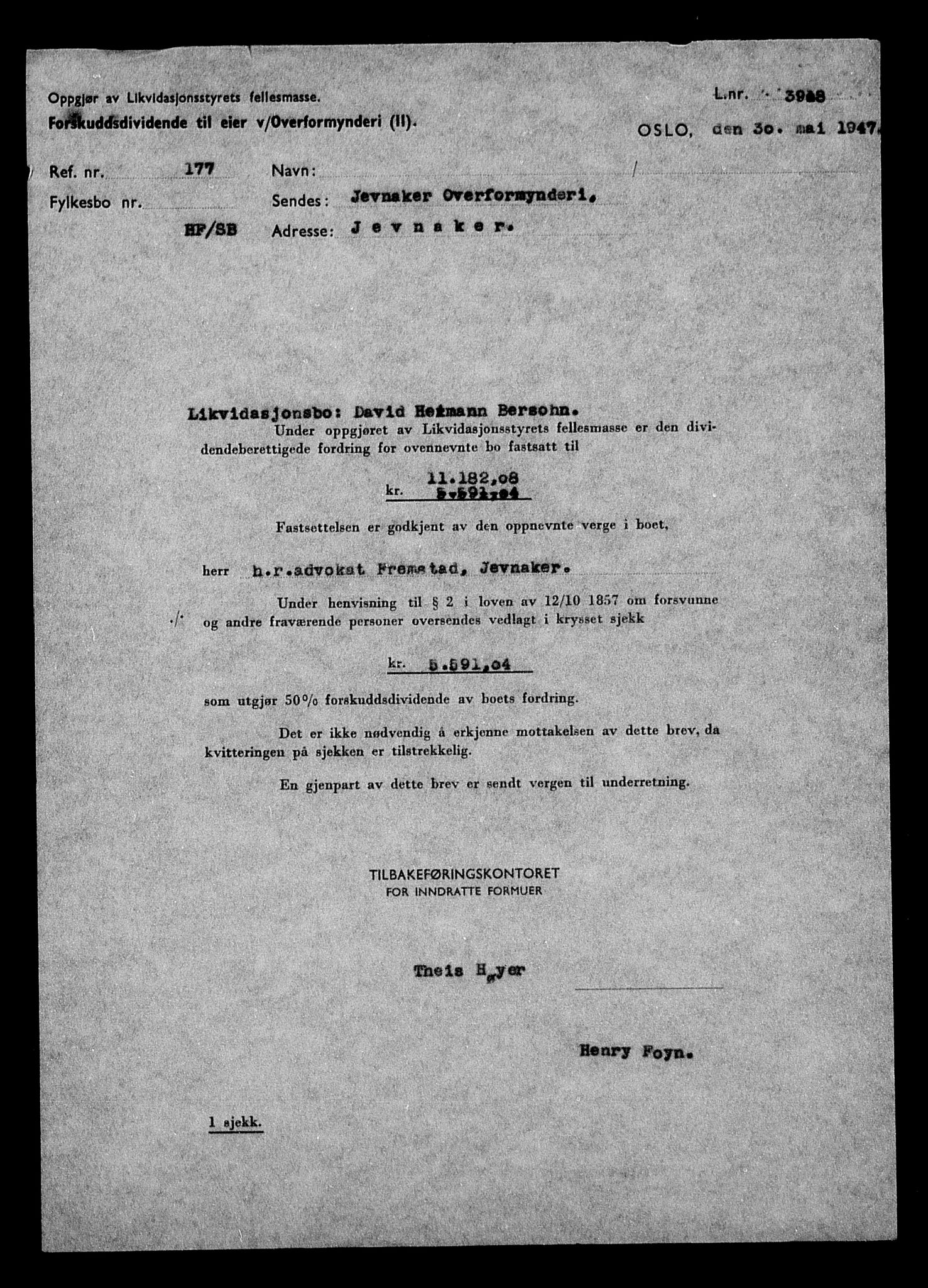 Justisdepartementet, Tilbakeføringskontoret for inndratte formuer, RA/S-1564/H/Hc/Hcd/L0991: --, 1945-1947, p. 575