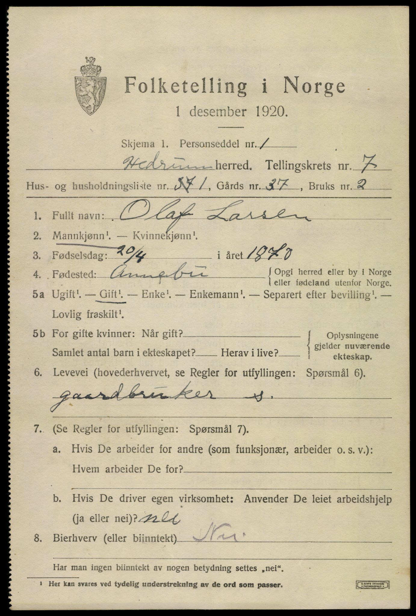 SAKO, 1920 census for Hedrum, 1920, p. 5703