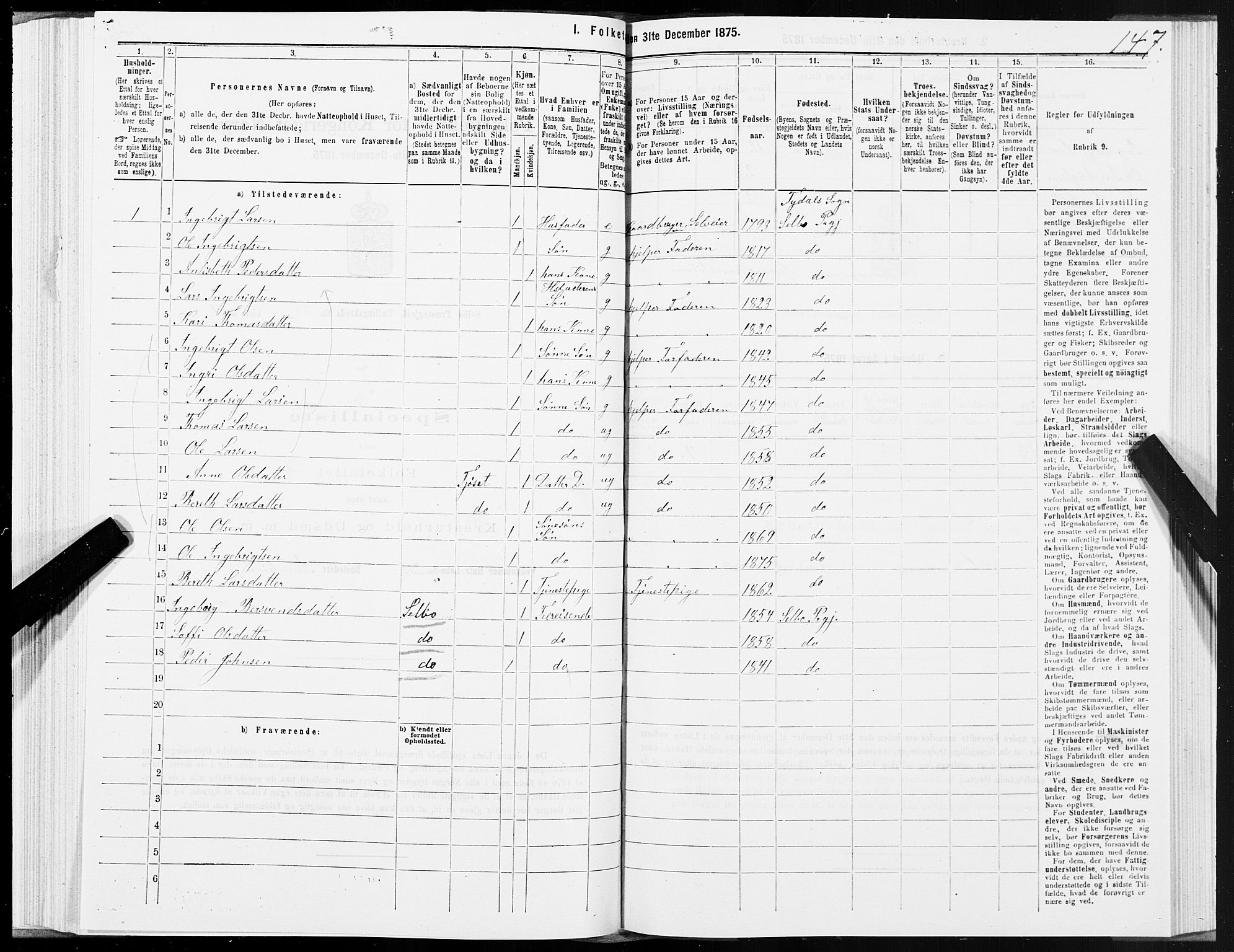 SAT, 1875 census for 1664P Selbu, 1875, p. 7147