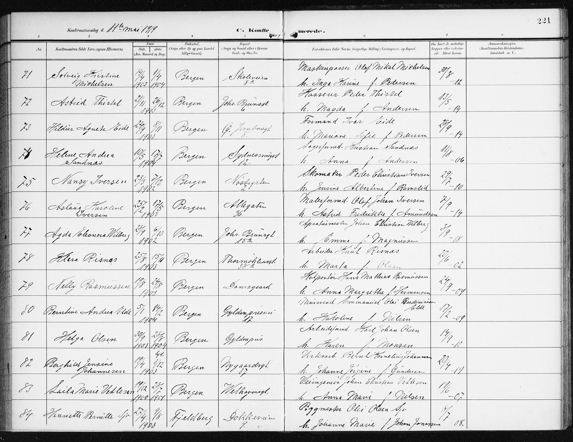 Johanneskirken sokneprestembete, AV/SAB-A-76001/H/Haa/L0009: Parish register (official) no. C 2, 1907-1924, p. 221