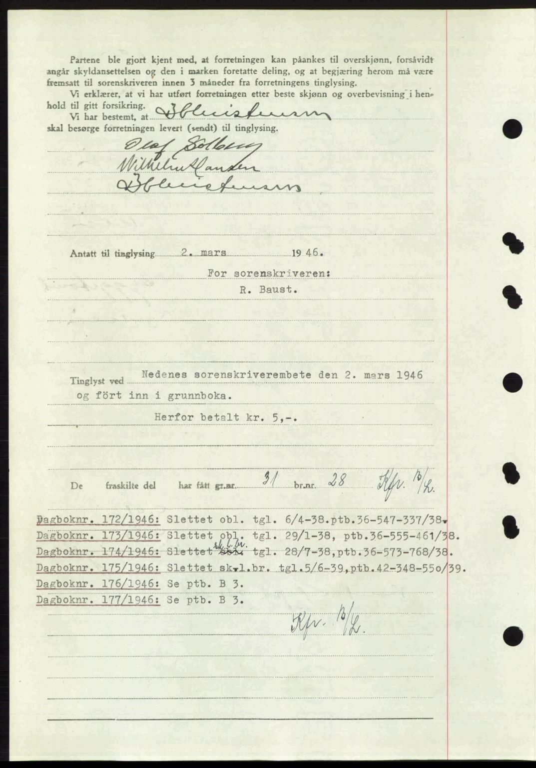 Nedenes sorenskriveri, SAK/1221-0006/G/Gb/Gba/L0054: Mortgage book no. A6c, 1946-1946, Diary no: : 171/1946