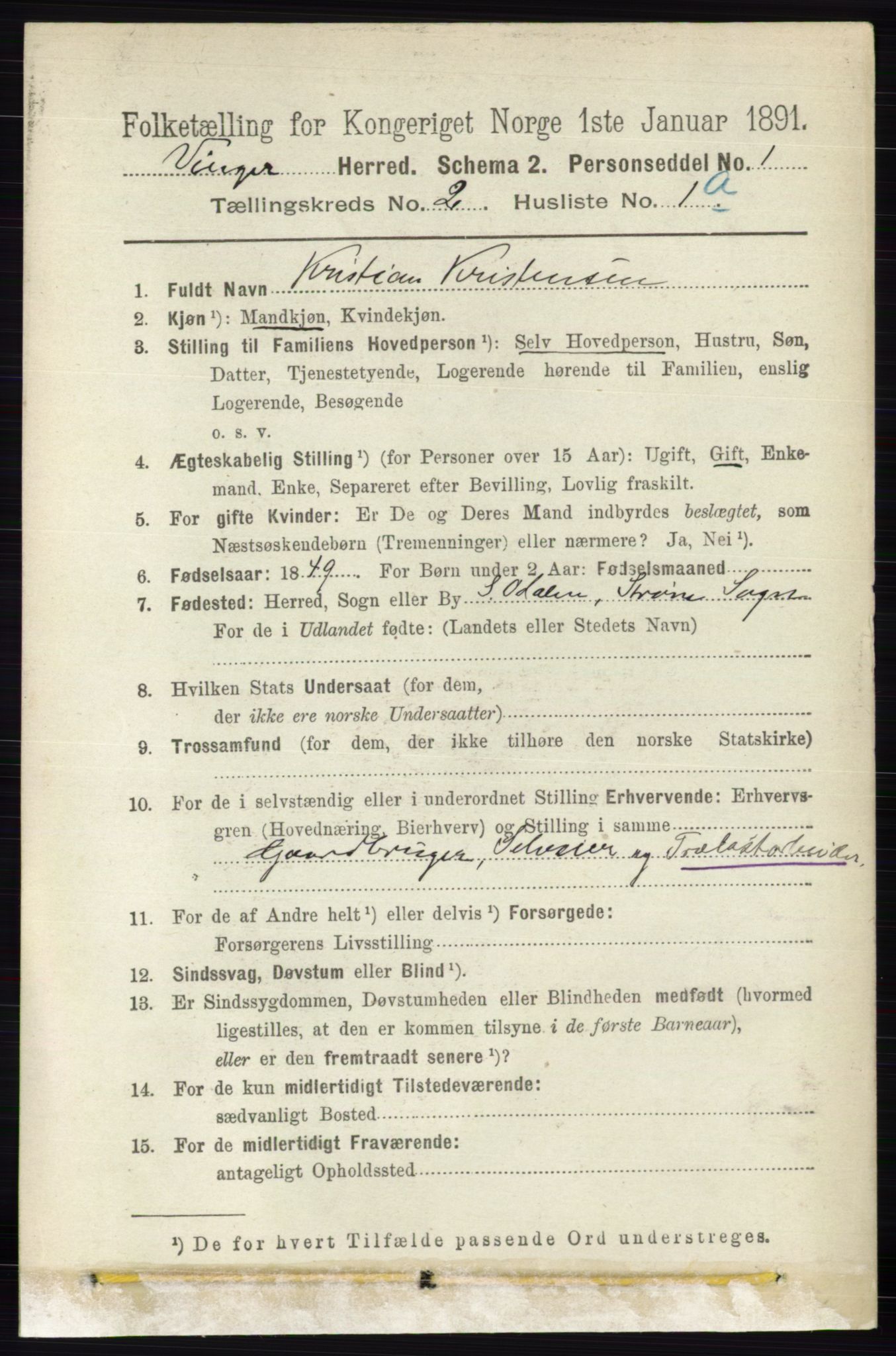 RA, 1891 census for 0421 Vinger, 1891, p. 458