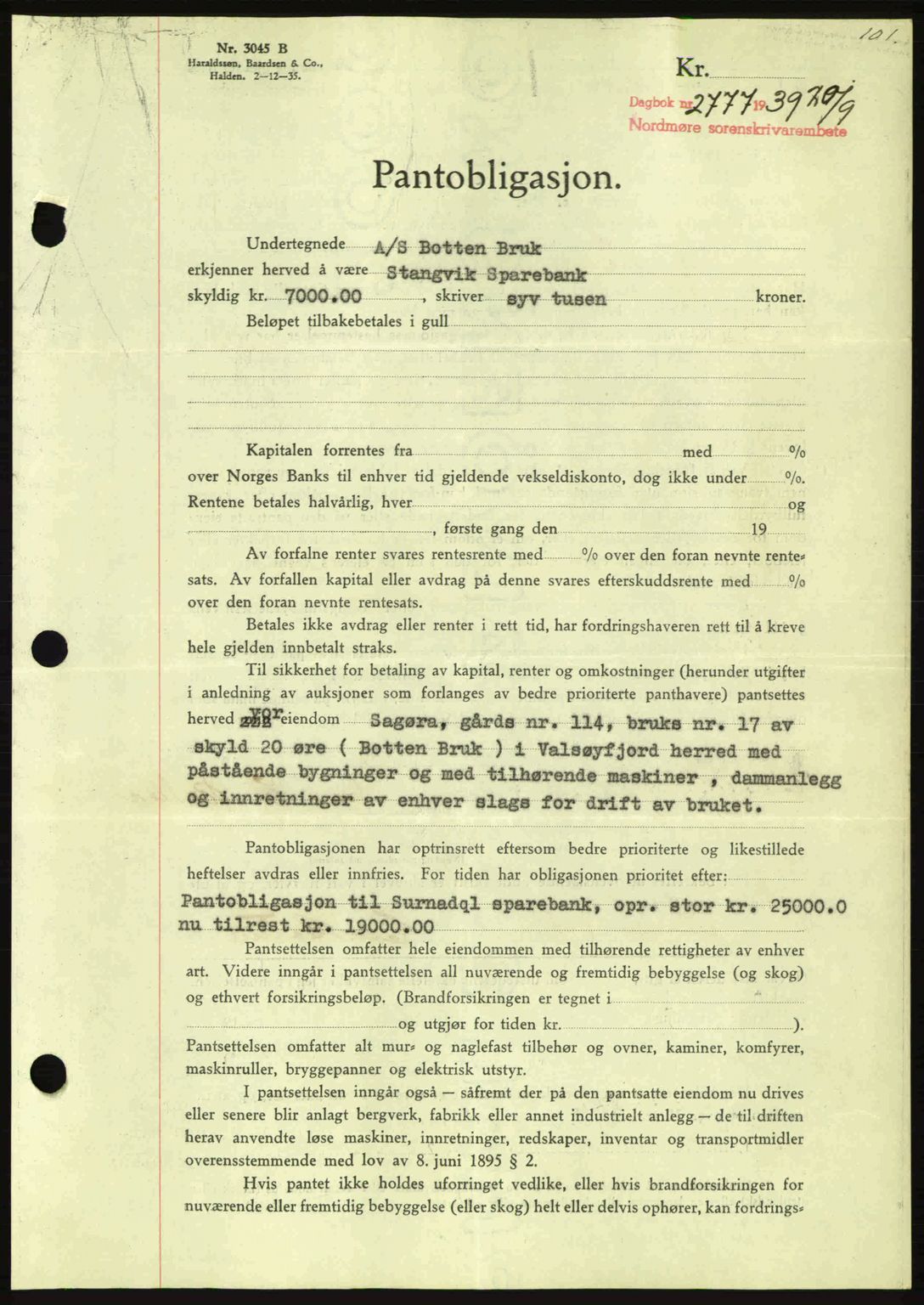 Nordmøre sorenskriveri, AV/SAT-A-4132/1/2/2Ca: Mortgage book no. B86, 1939-1940, Diary no: : 2777/1939