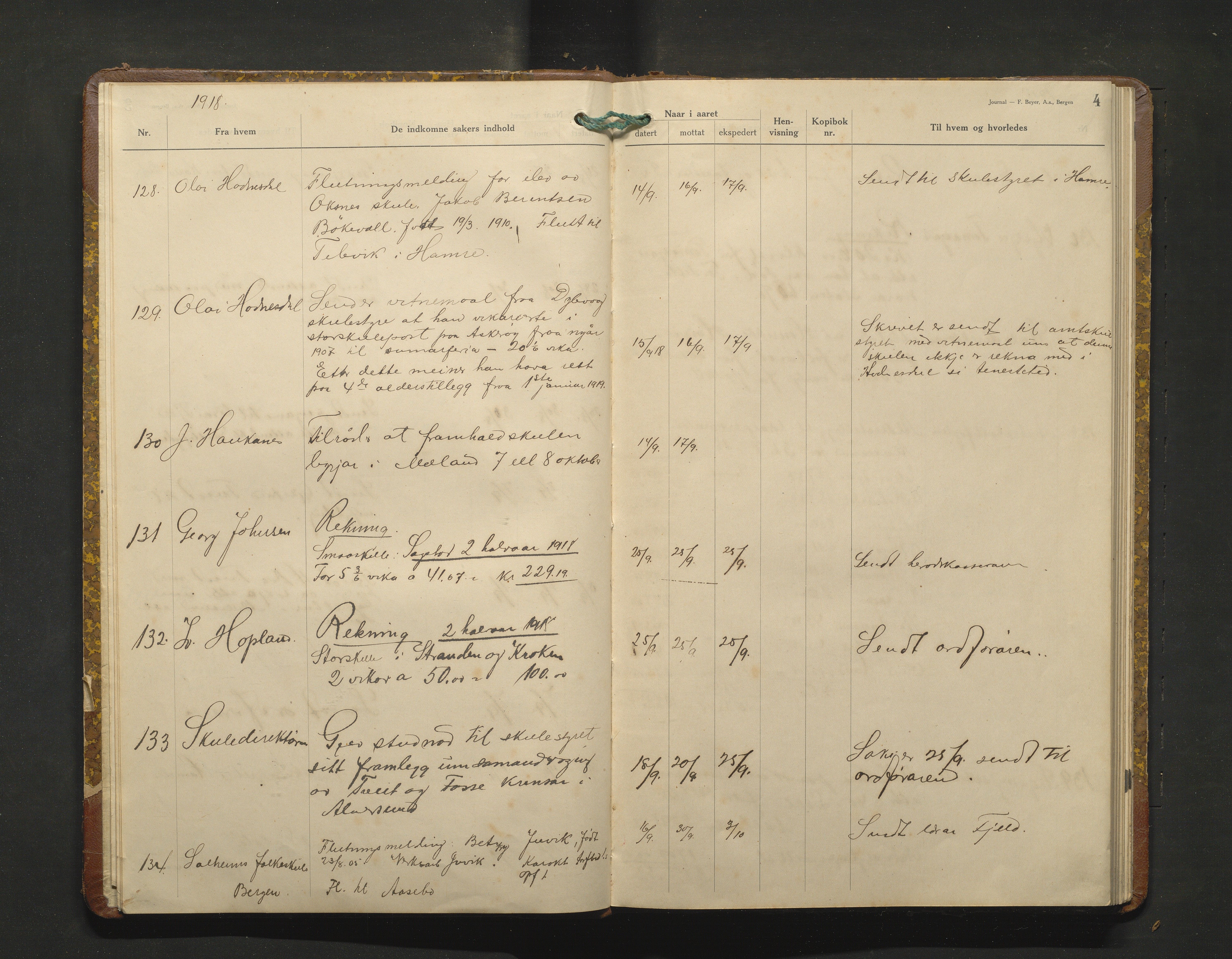 Alversund kommune. Skulestyret, IKAH/1257-211/C/Ca/L0005: Brevjournal for Alversund skulestyre, 1918-1920