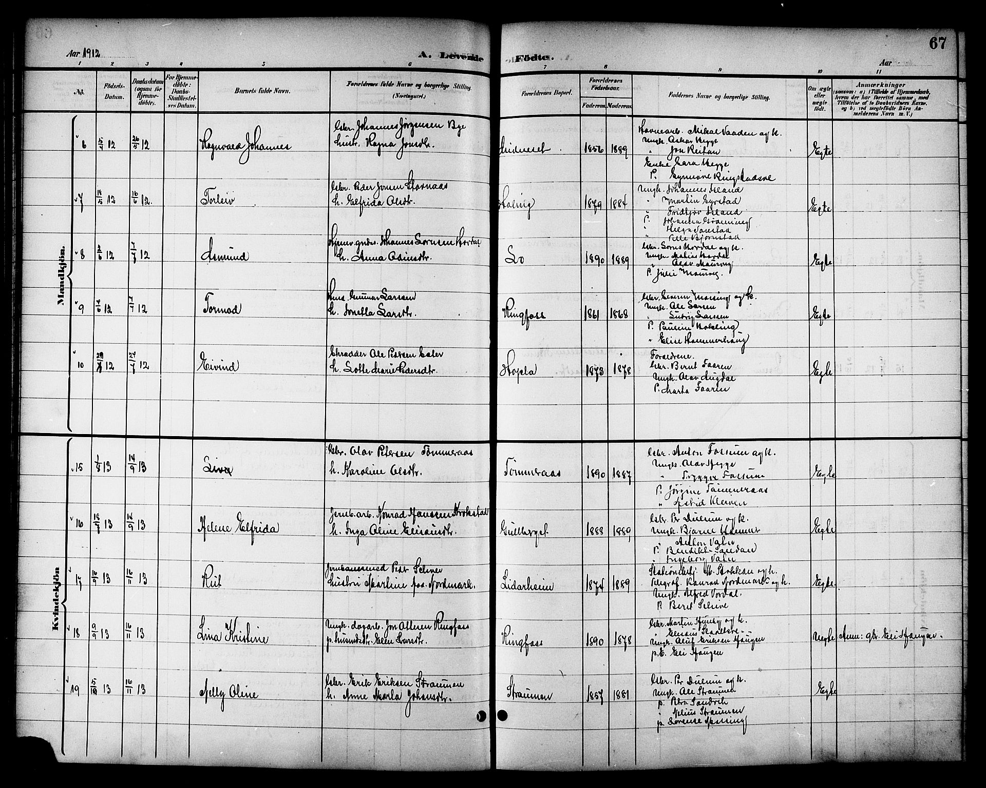 Ministerialprotokoller, klokkerbøker og fødselsregistre - Nord-Trøndelag, SAT/A-1458/714/L0135: Parish register (copy) no. 714C04, 1899-1918, p. 67