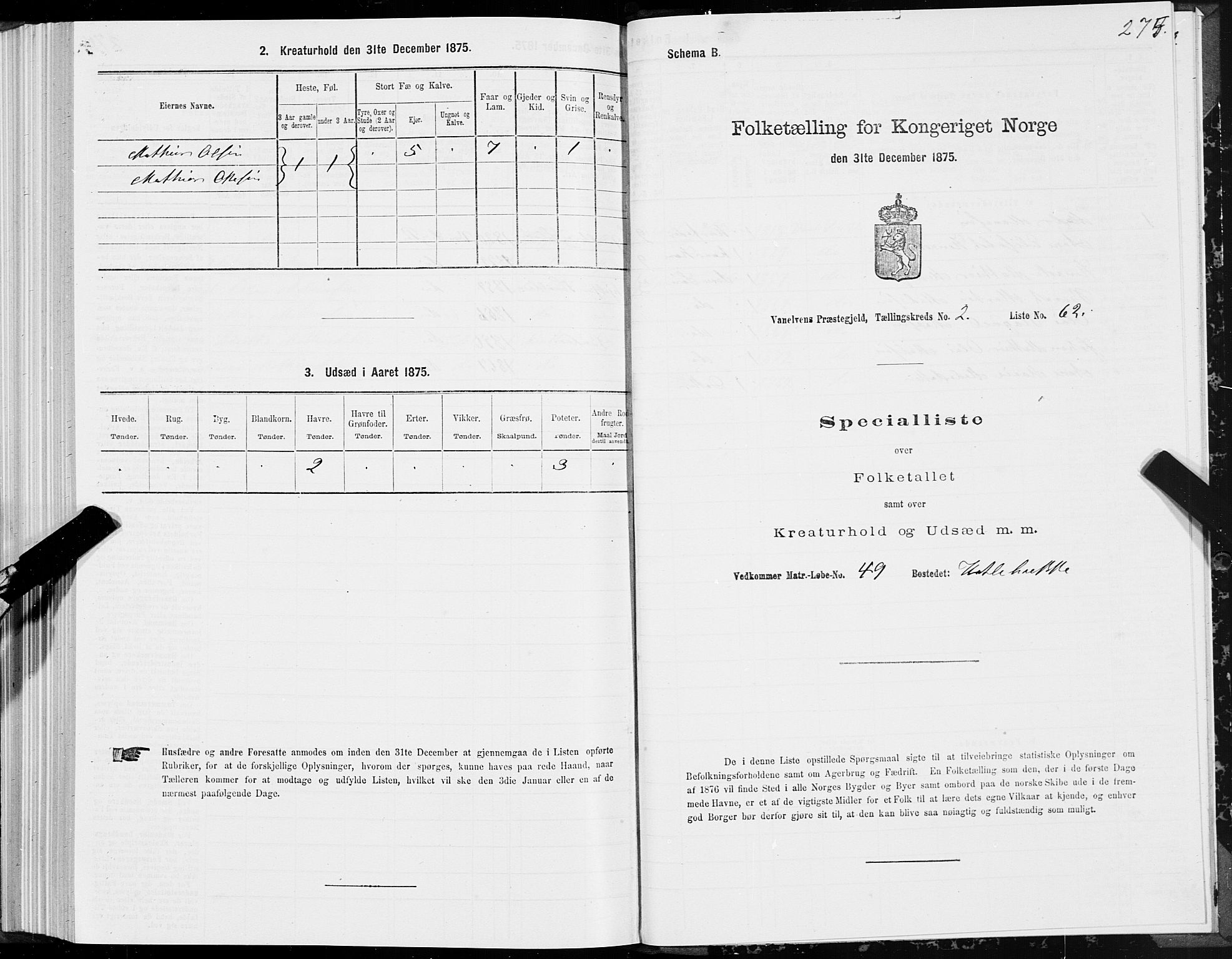 SAT, 1875 census for 1511P Vanylven, 1875, p. 1275