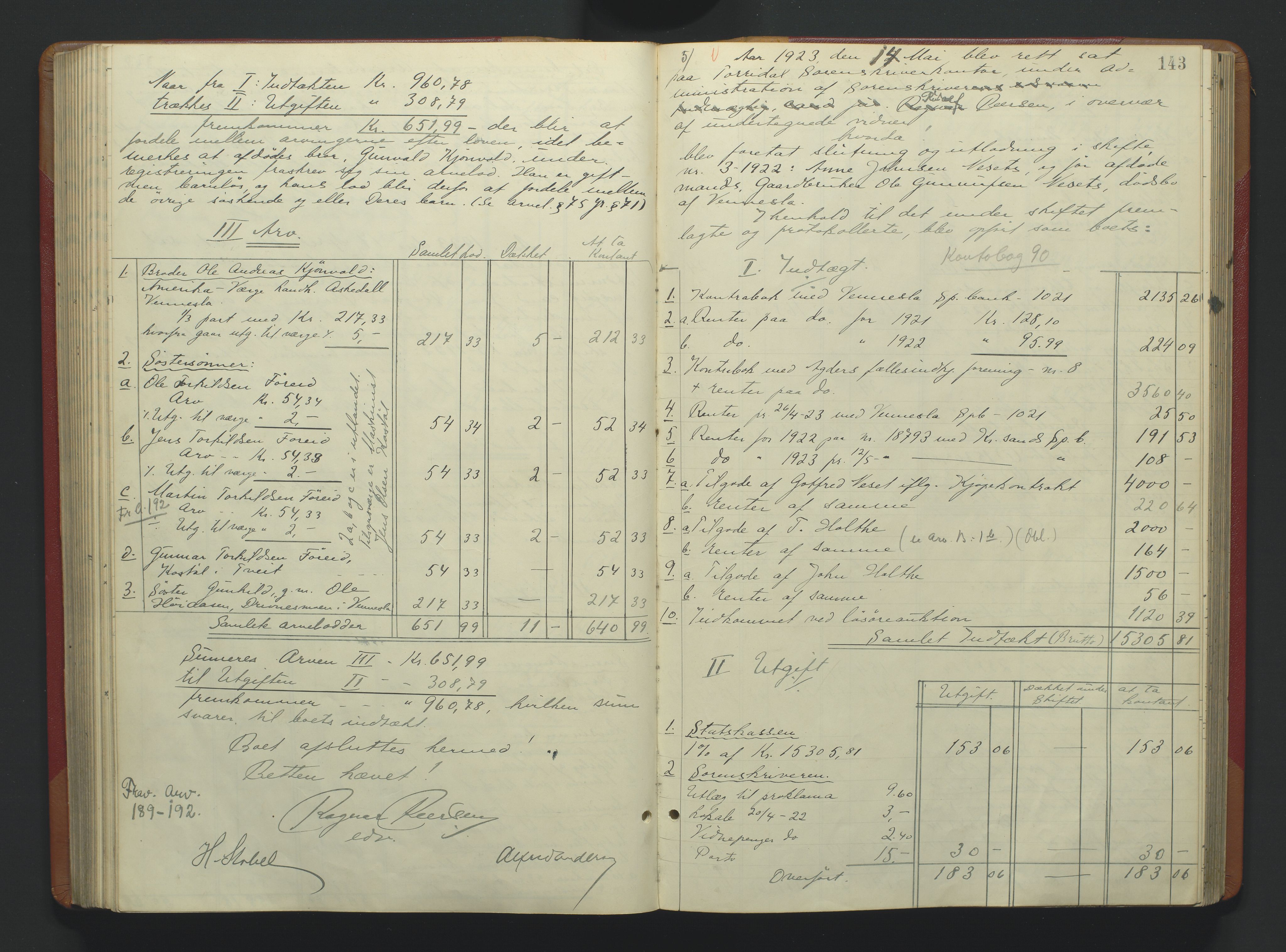 Torridal sorenskriveri, AV/SAK-1221-0012/H/Hc/L0037: Skifteutlodningsprotokoll med navneregister nr. 6, 1918-1927, p. 143