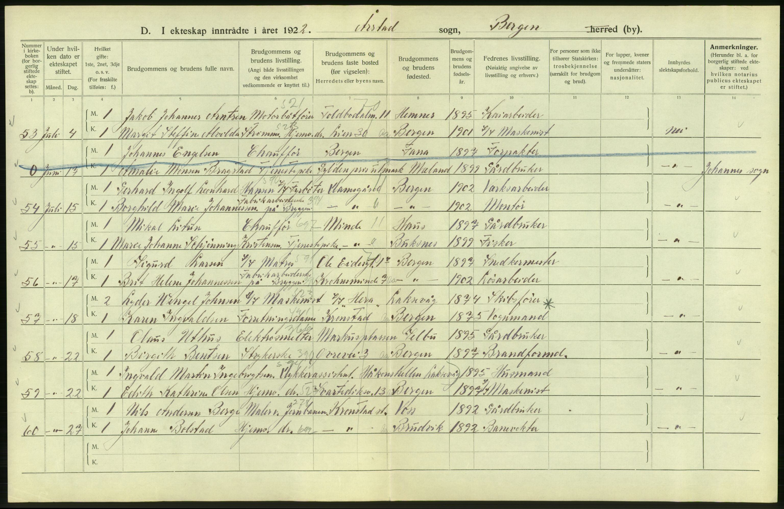 Statistisk sentralbyrå, Sosiodemografiske emner, Befolkning, AV/RA-S-2228/D/Df/Dfc/Dfcb/L0030: Bergen: Gifte, døde, dødfødte., 1922, p. 48