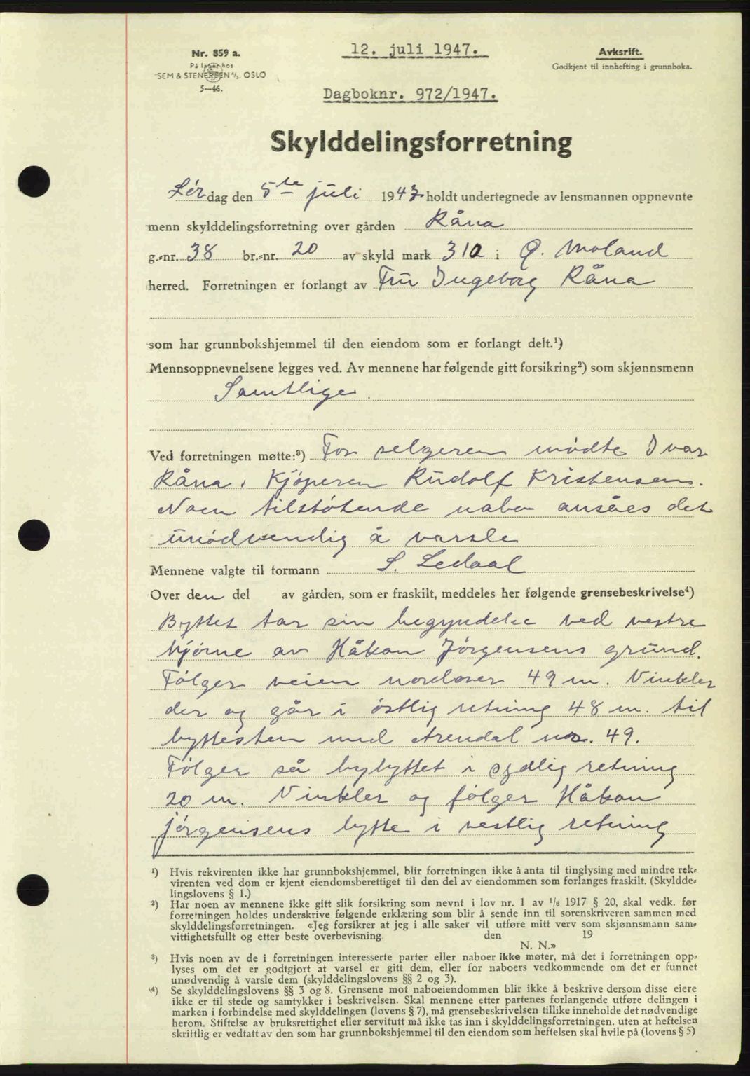 Nedenes sorenskriveri, AV/SAK-1221-0006/G/Gb/Gba/L0057: Mortgage book no. A9, 1947-1947, Diary no: : 972/1947