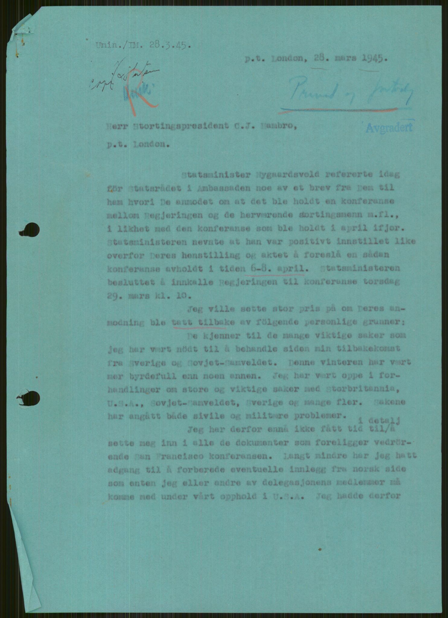 Lie, Trygve, RA/PA-1407/D/L0002: Blandet korrespondanse., 1940-1957, p. 2