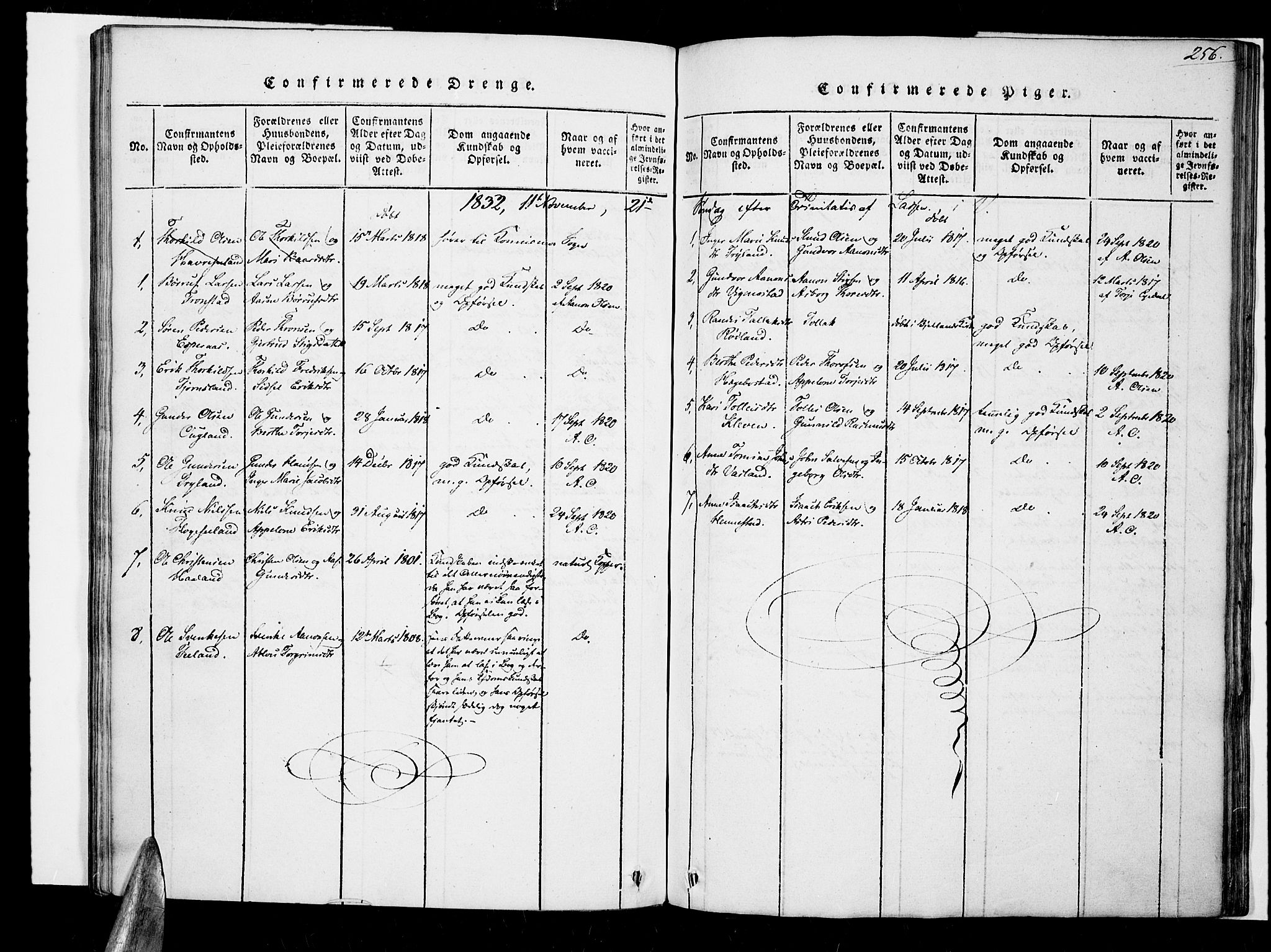 Nord-Audnedal sokneprestkontor, SAK/1111-0032/F/Fa/Fab/L0001: Parish register (official) no. A 1, 1816-1858, p. 256