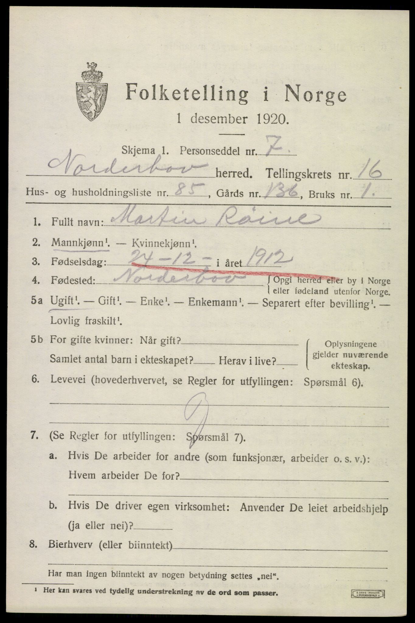 SAKO, 1920 census for Norderhov, 1920, p. 18502