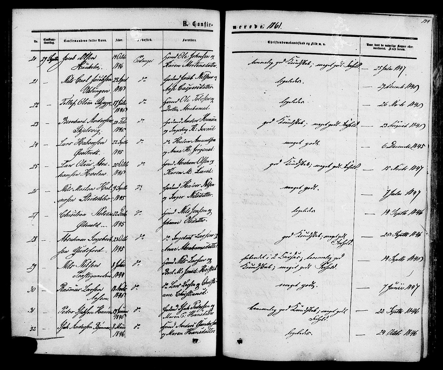 Eidanger kirkebøker, SAKO/A-261/F/Fa/L0010: Parish register (official) no. 10, 1859-1874, p. 134