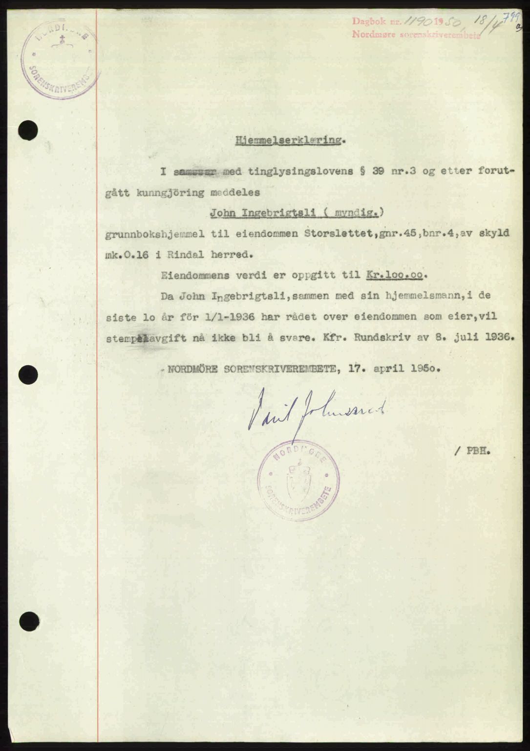 Nordmøre sorenskriveri, AV/SAT-A-4132/1/2/2Ca: Mortgage book no. A114, 1950-1950, Diary no: : 1190/1950