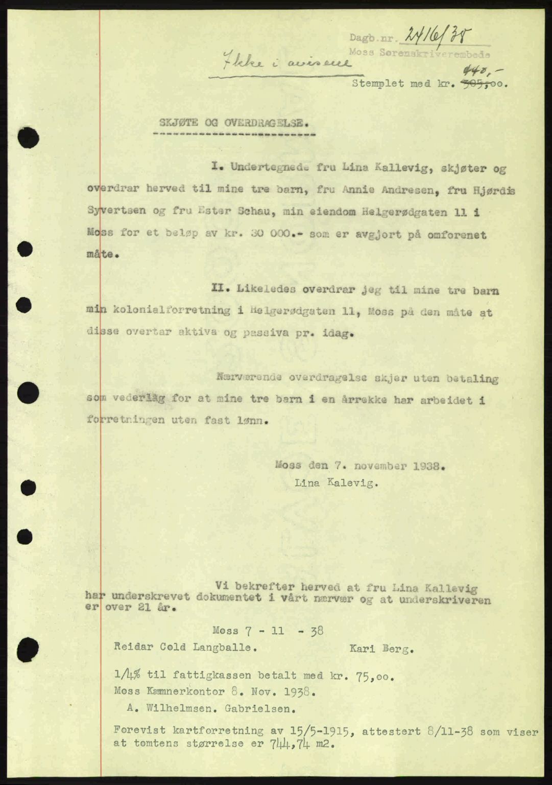 Moss sorenskriveri, SAO/A-10168: Mortgage book no. A5, 1938-1939, Diary no: : 2416/1938