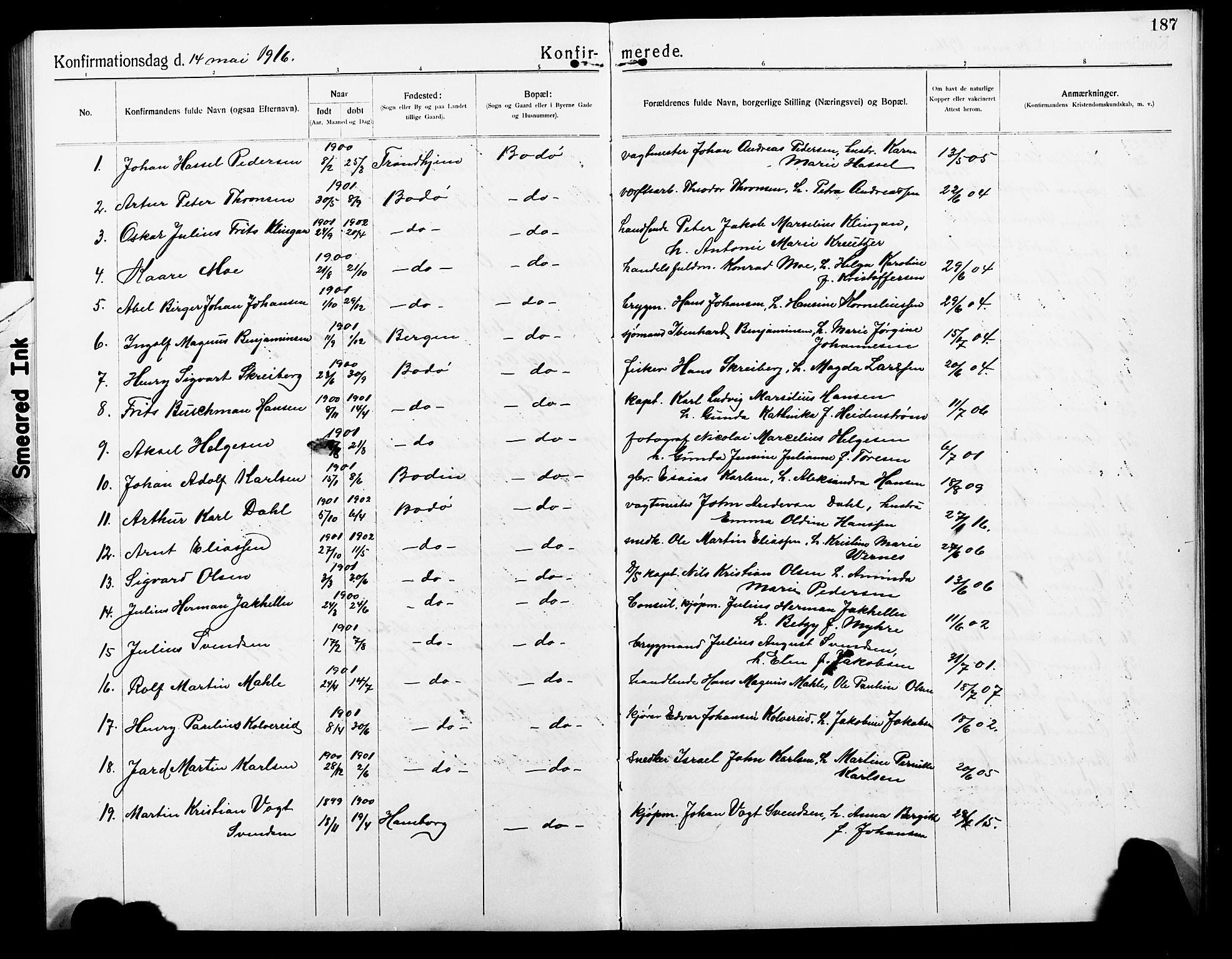 Ministerialprotokoller, klokkerbøker og fødselsregistre - Nordland, SAT/A-1459/801/L0034: Parish register (copy) no. 801C09, 1910-1922, p. 187