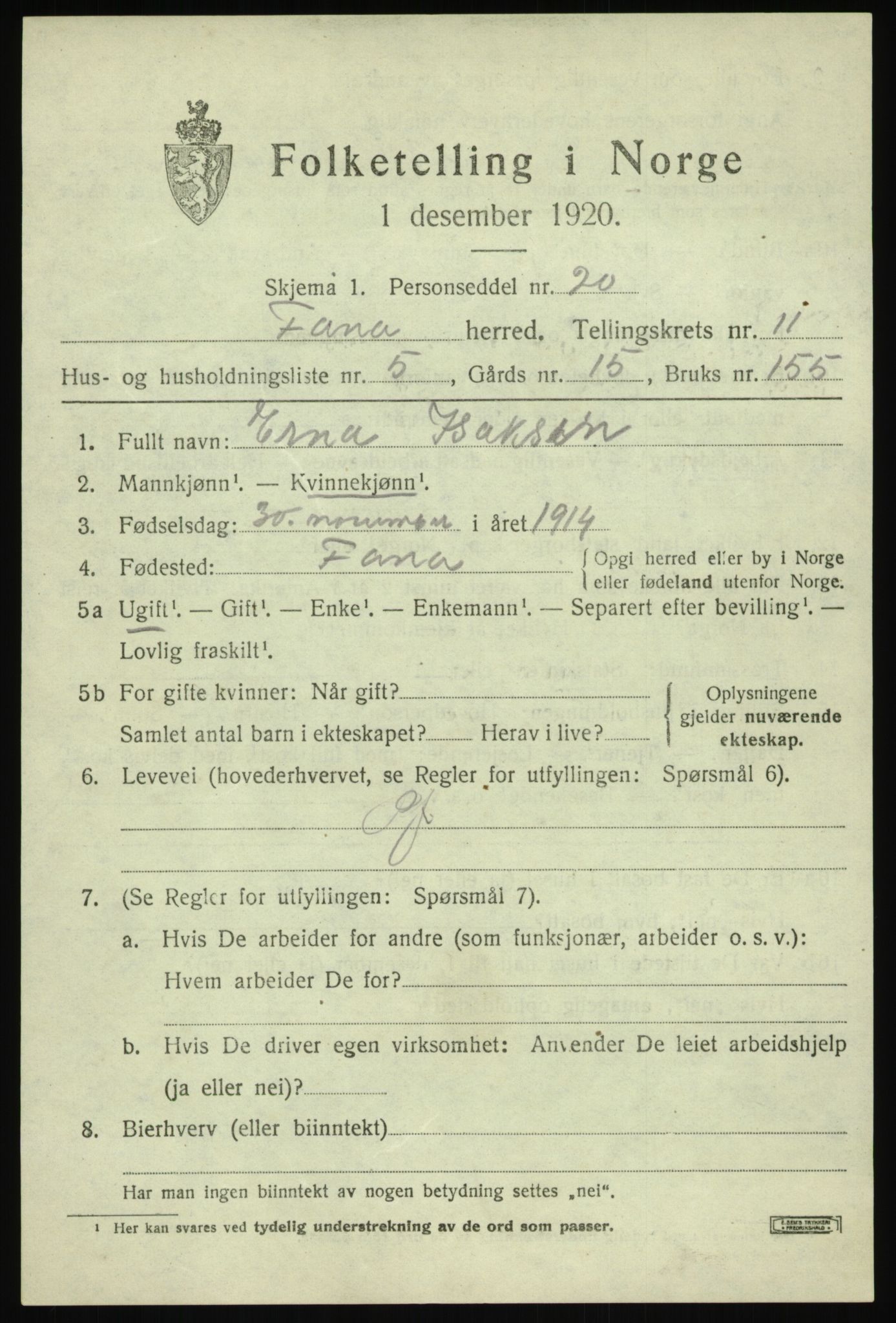 SAB, 1920 census for Fana, 1920, p. 18165