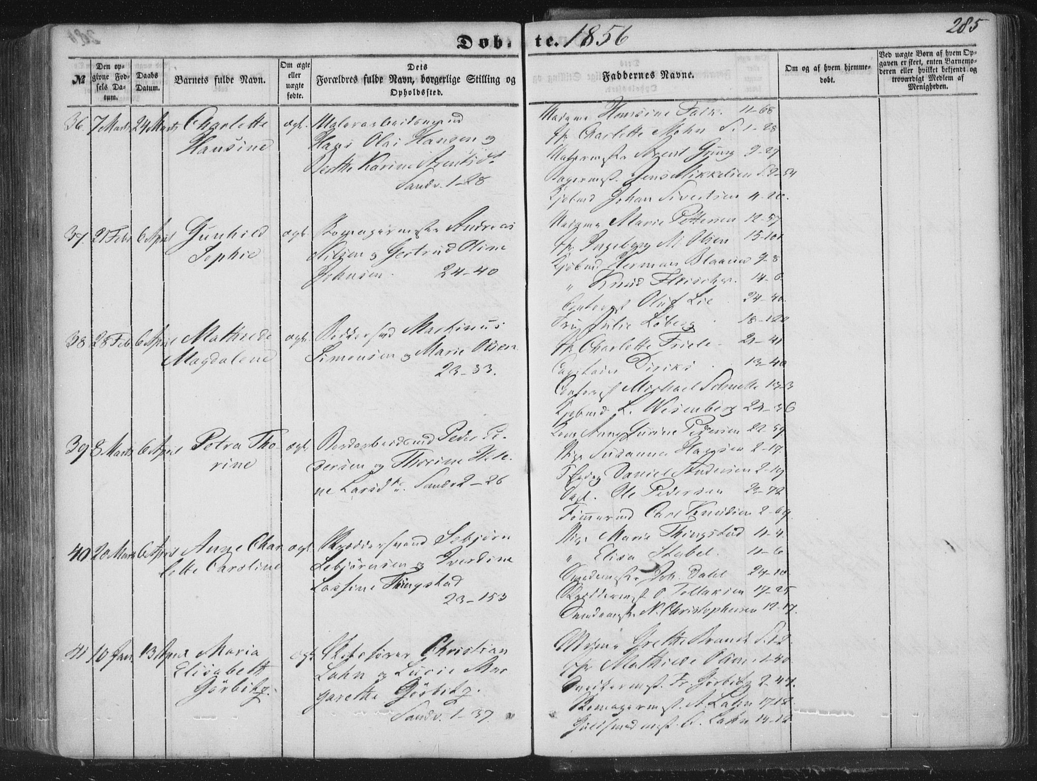 Korskirken sokneprestembete, AV/SAB-A-76101/H/Haa/L0017: Parish register (official) no. B 3, 1851-1857, p. 285