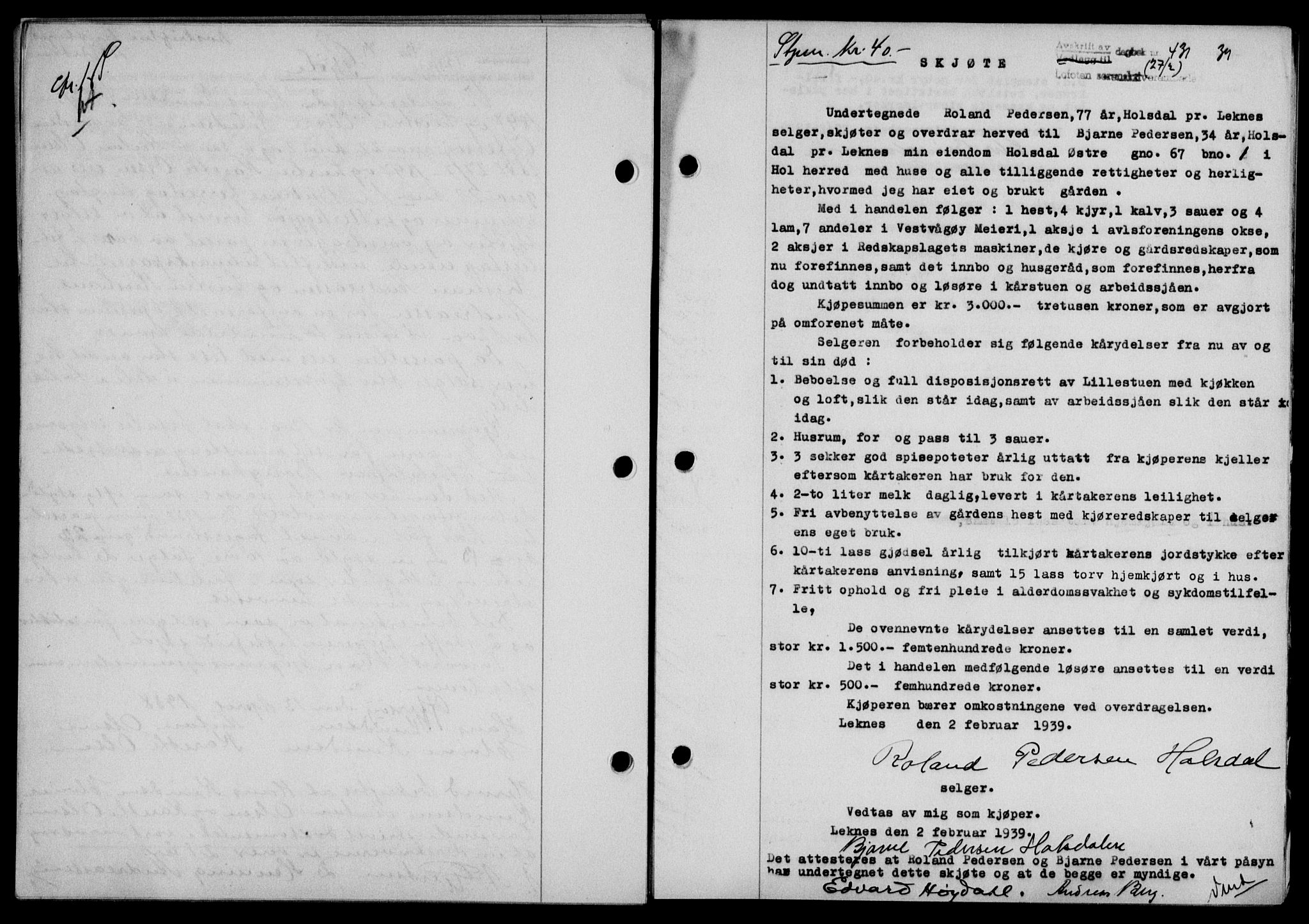 Lofoten sorenskriveri, SAT/A-0017/1/2/2C/L0005a: Mortgage book no. 5a, 1939-1939, Diary no: : 431/1939