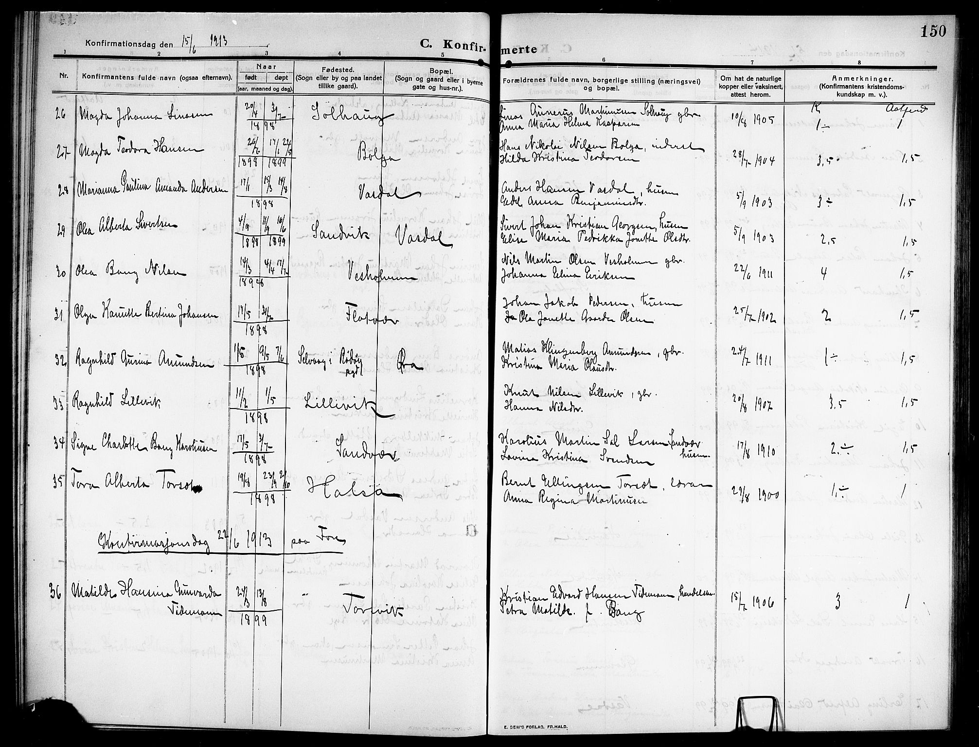 Ministerialprotokoller, klokkerbøker og fødselsregistre - Nordland, SAT/A-1459/843/L0639: Parish register (copy) no. 843C08, 1908-1924, p. 150