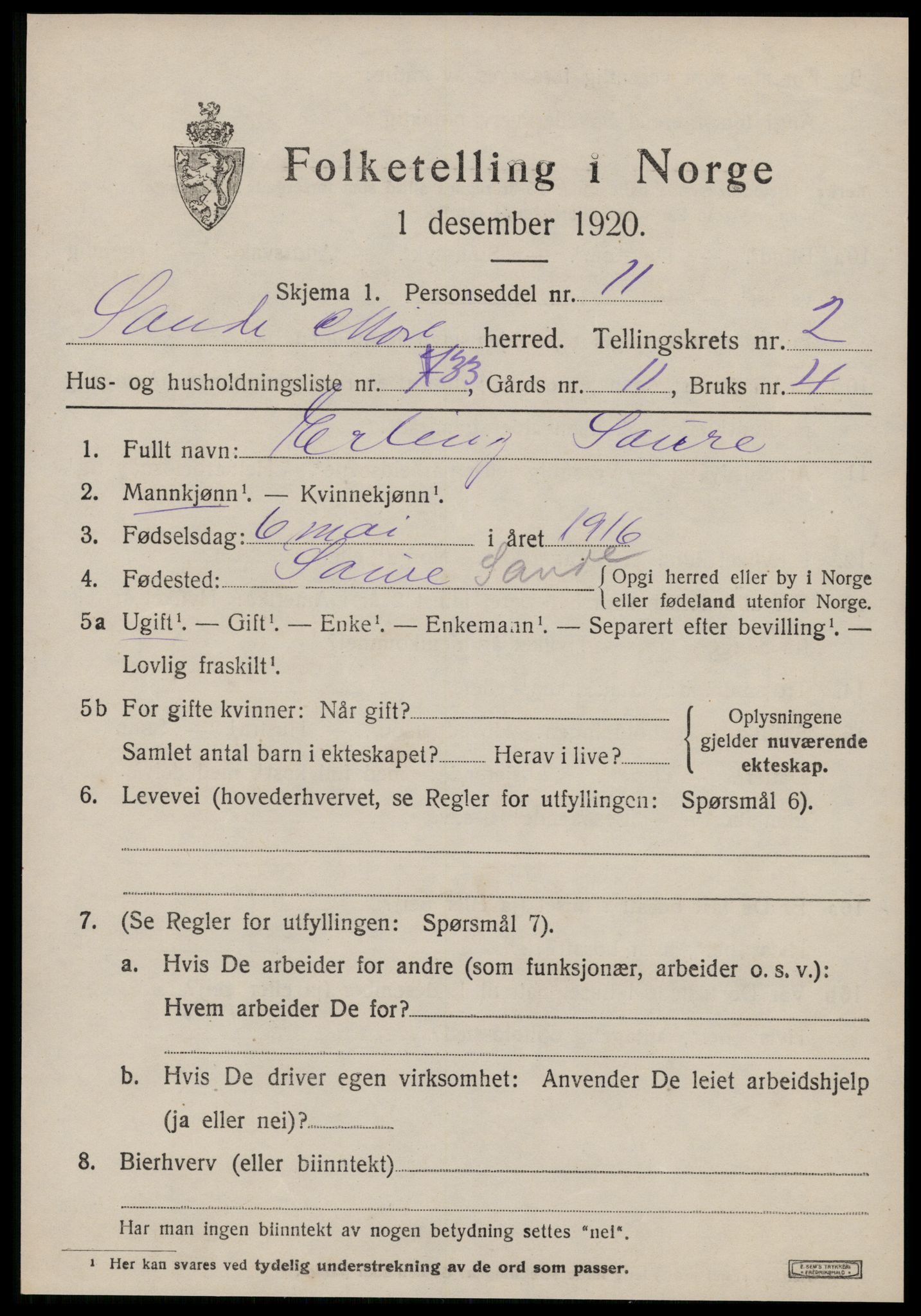 SAT, 1920 census for Sande (MR), 1920, p. 2060