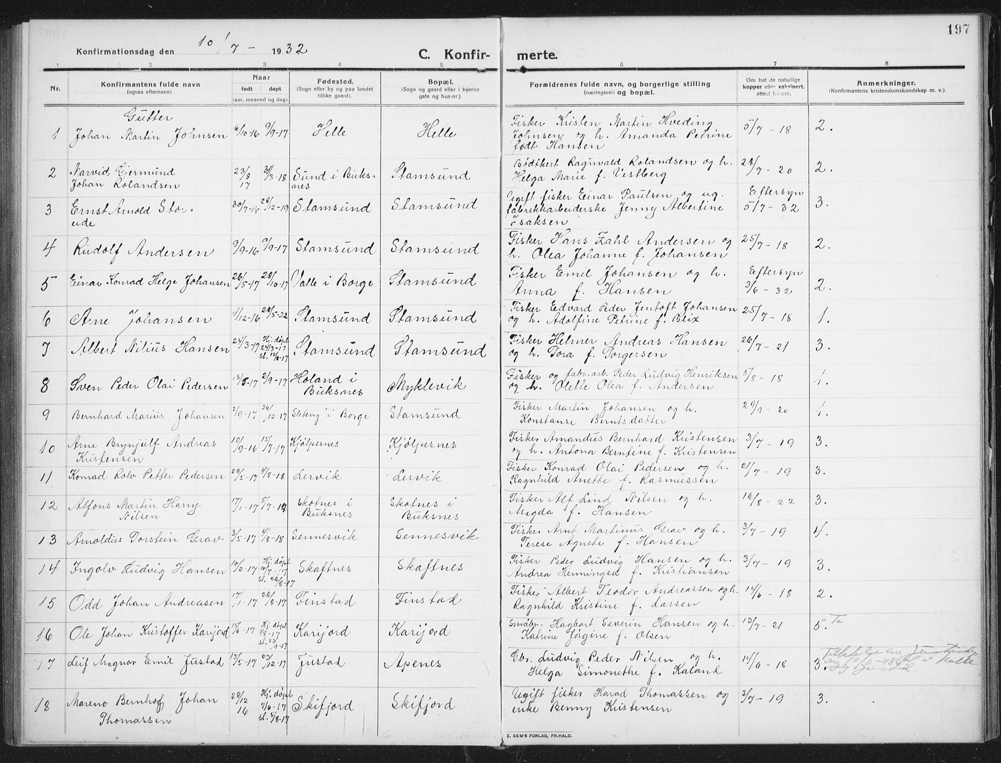 Ministerialprotokoller, klokkerbøker og fødselsregistre - Nordland, AV/SAT-A-1459/882/L1183: Parish register (copy) no. 882C01, 1911-1938, p. 197