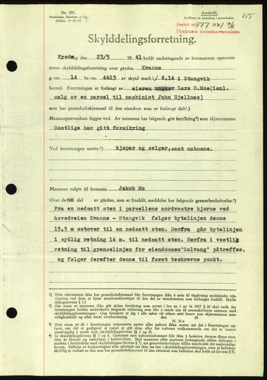 Nordmøre sorenskriveri, SAT/A-4132/1/2/2Ca: Mortgage book no. A90, 1941-1941, Diary no: : 977/1941