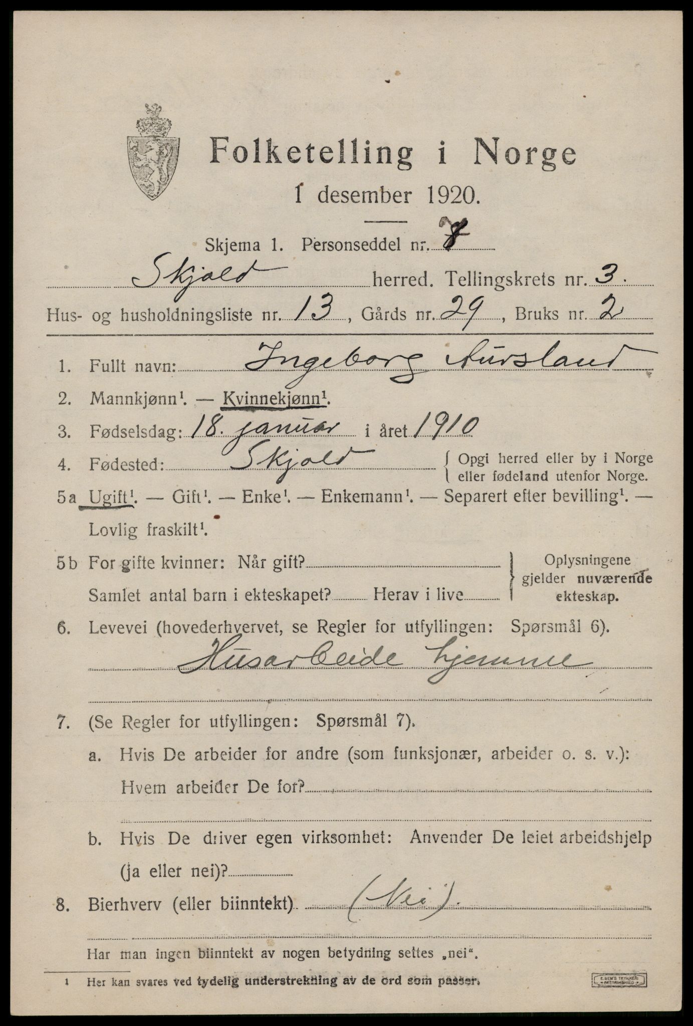 SAST, 1920 census for Skjold, 1920, p. 2106