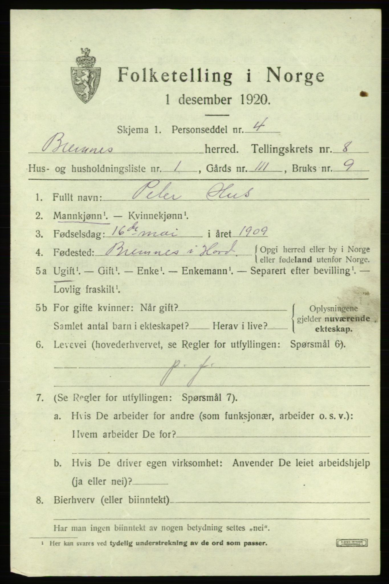 SAB, 1920 census for Bremnes, 1920, p. 5070