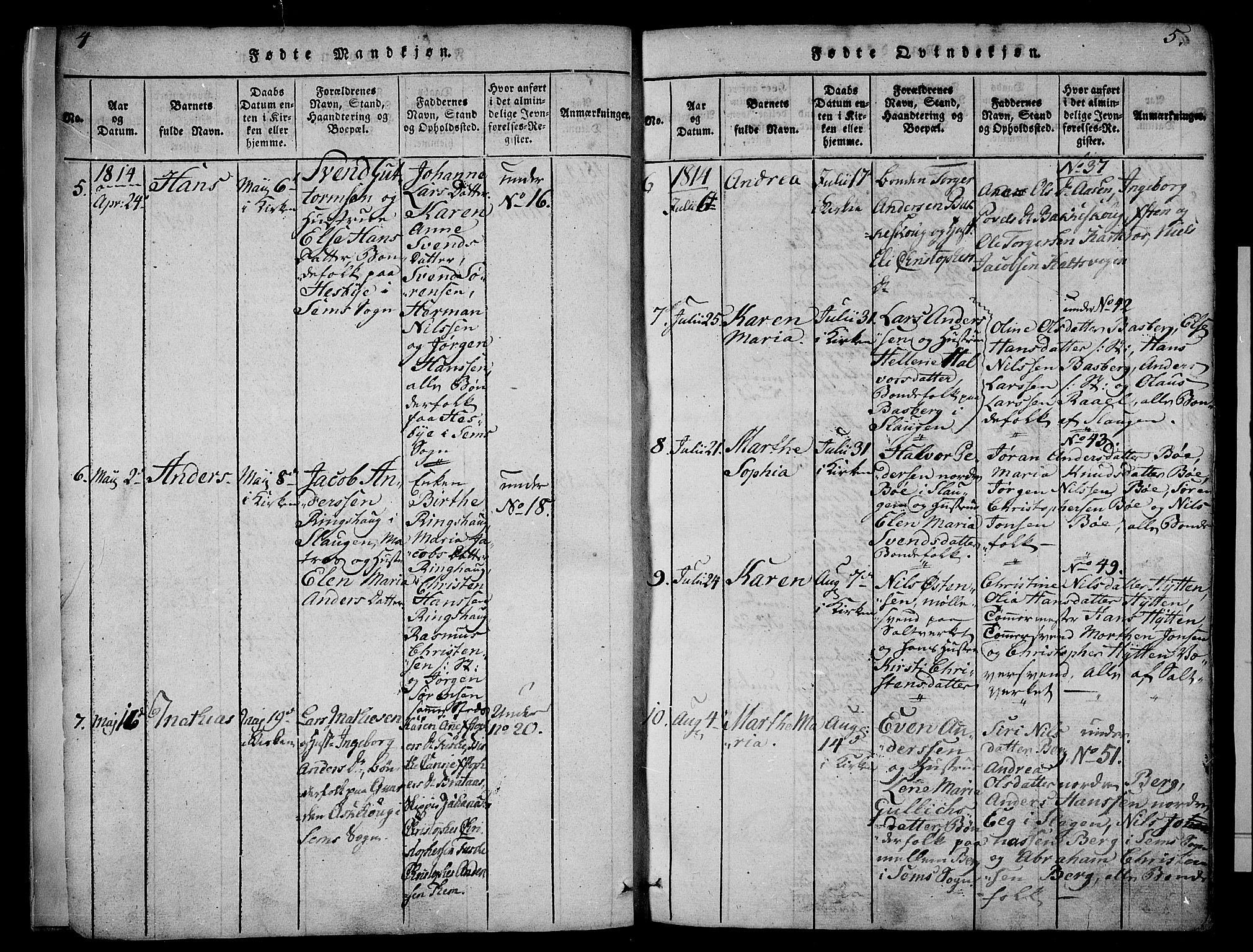 Sem kirkebøker, SAKO/A-5/F/Fa/L0004: Parish register (official) no. I 4, 1814-1825, p. 4-5