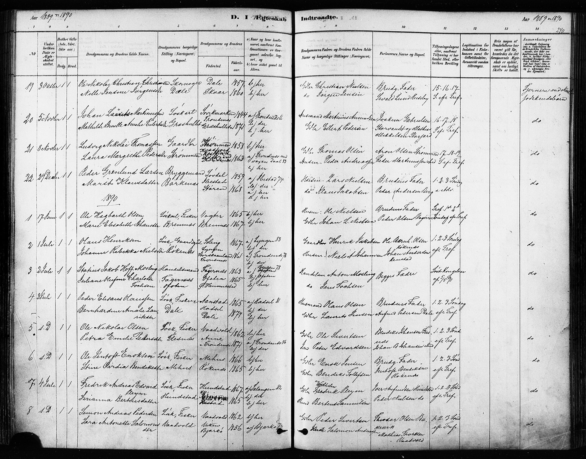 Kvæfjord sokneprestkontor, AV/SATØ-S-1323/G/Ga/Gaa/L0005kirke: Parish register (official) no. 5, 1878-1894, p. 240