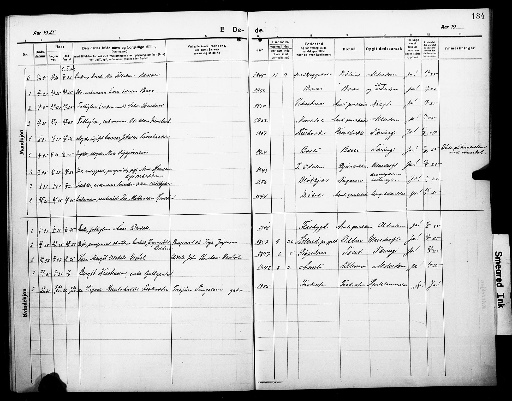 Åmli sokneprestkontor, SAK/1111-0050/F/Fb/Fbc/L0006: Parish register (copy) no. B 6, 1915-1929, p. 184