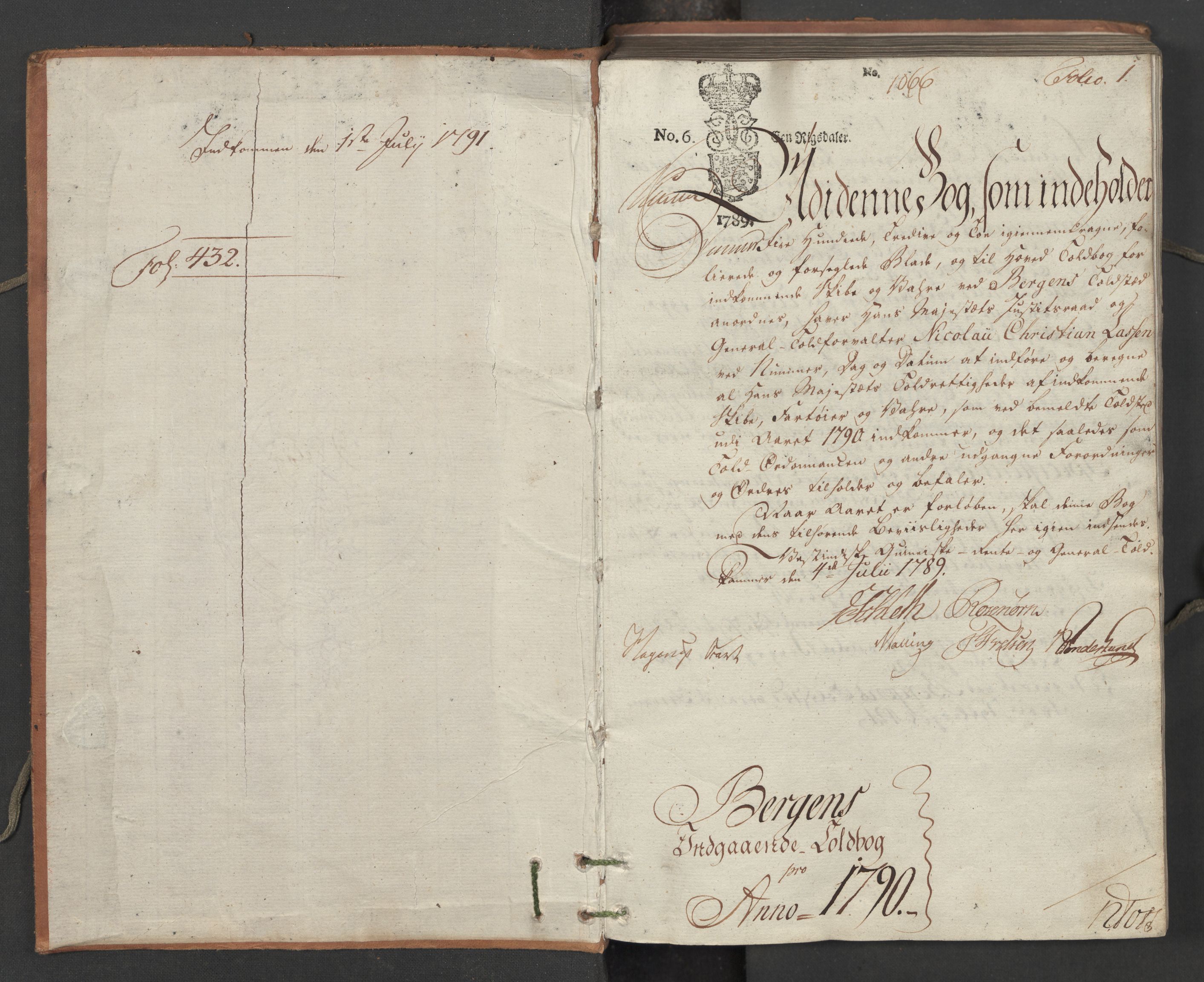 Generaltollkammeret, tollregnskaper, RA/EA-5490/R26/L0242/0001: Tollregnskaper Bergen A / Inngående tollbok I, 1790