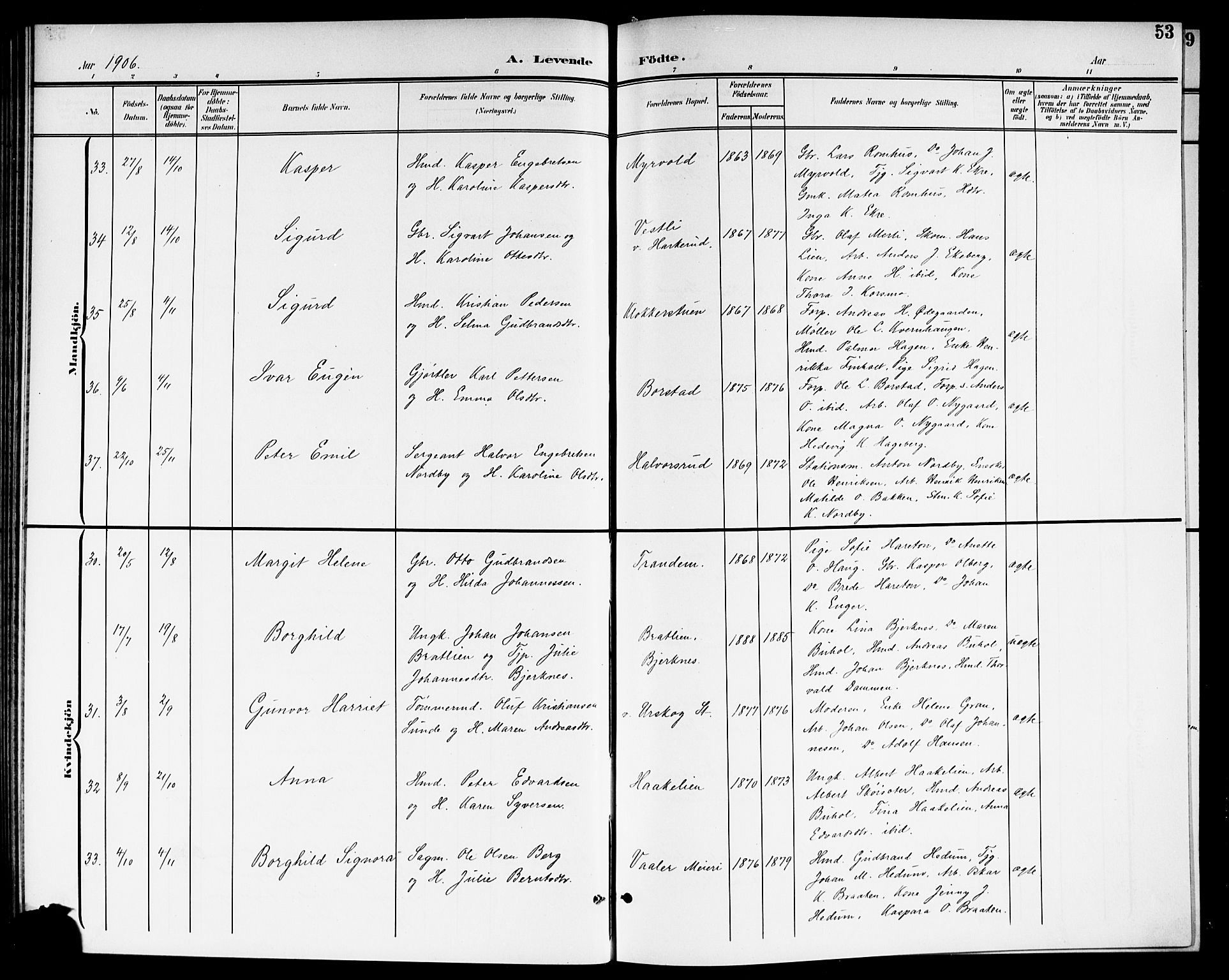 Aurskog prestekontor Kirkebøker, SAO/A-10304a/G/Ga/L0004: Parish register (copy) no. I 4, 1901-1921, p. 53