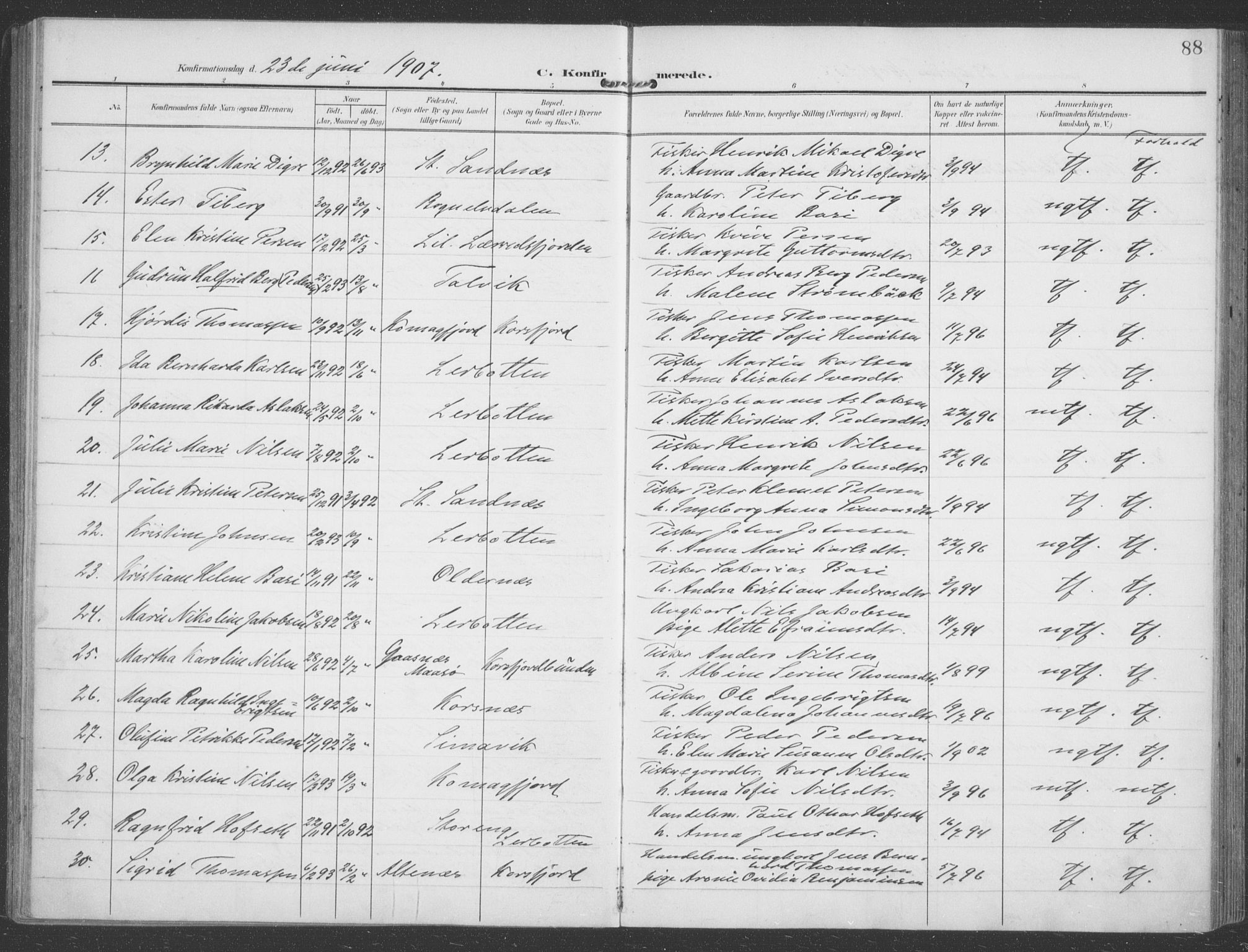 Talvik sokneprestkontor, SATØ/S-1337/H/Ha/L0017kirke: Parish register (official) no. 17, 1906-1915, p. 88