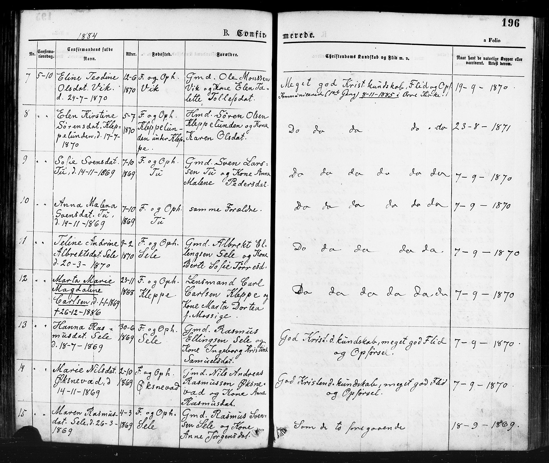 Klepp sokneprestkontor, AV/SAST-A-101803/001/3/30BA/L0006: Parish register (official) no. A 6, 1871-1885, p. 196