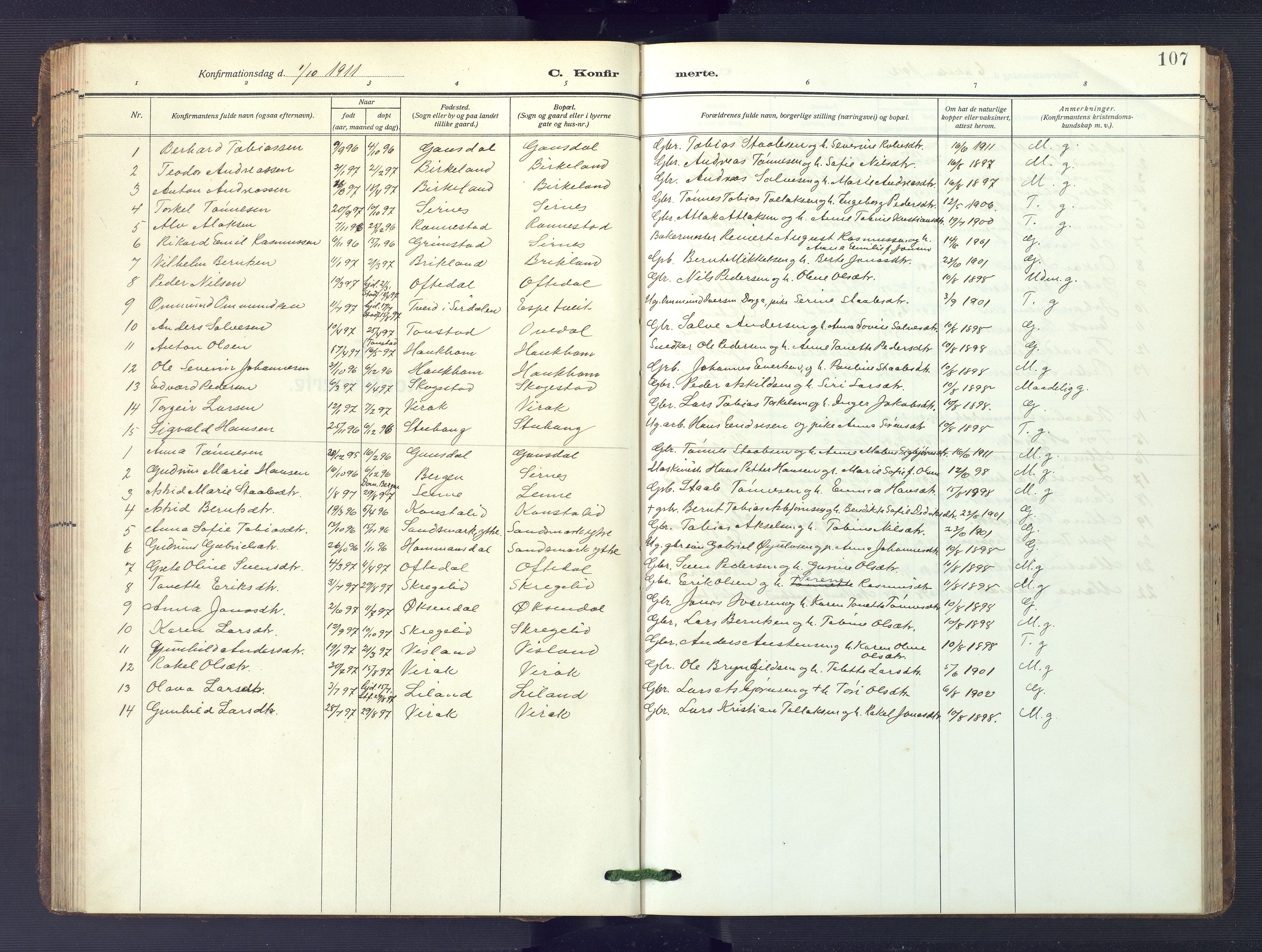 Bakke sokneprestkontor, SAK/1111-0002/F/Fb/Fba/L0004: Parish register (copy) no. B 4, 1911-1946, p. 107