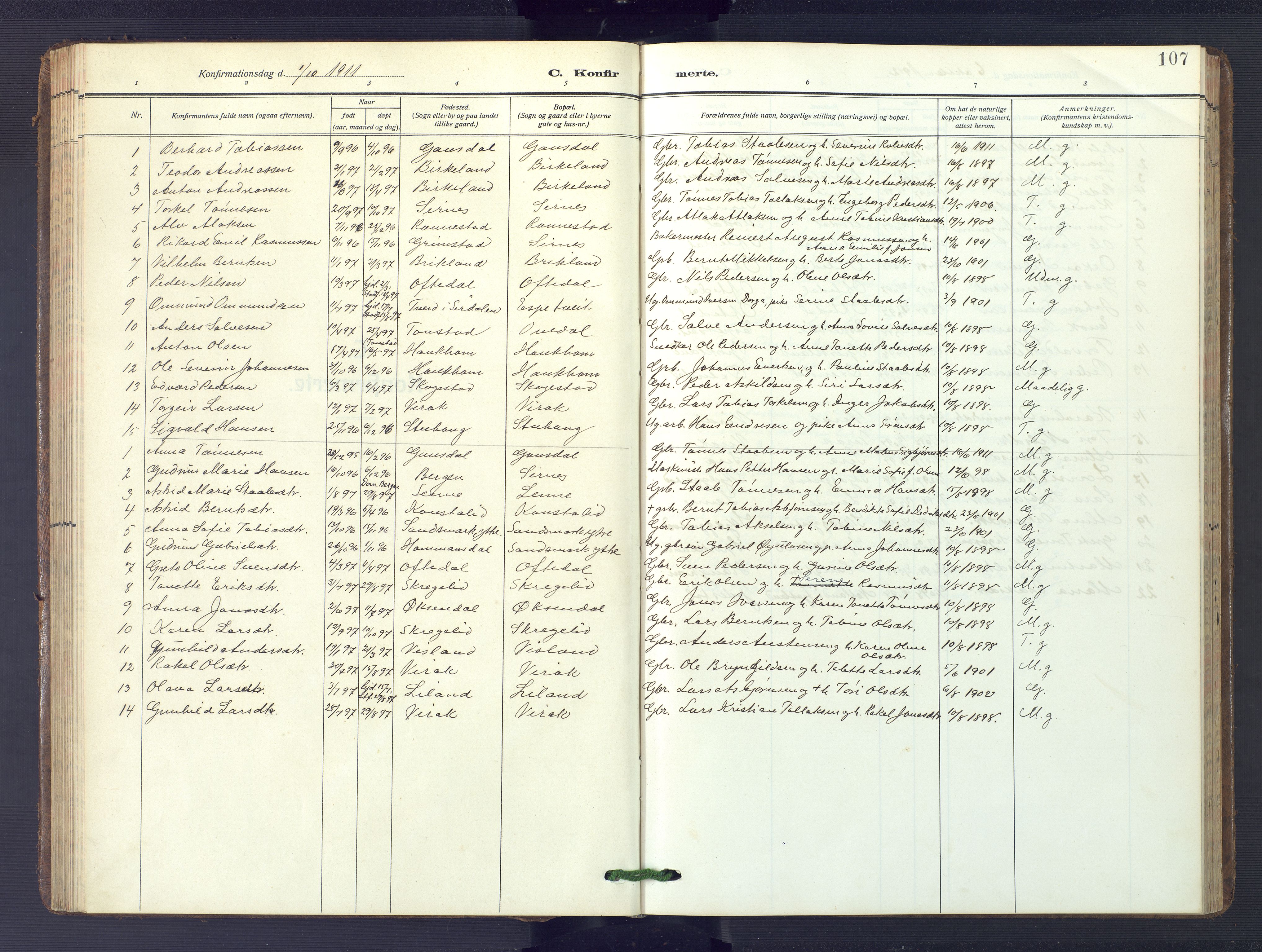 Bakke sokneprestkontor, AV/SAK-1111-0002/F/Fb/Fba/L0004: Parish register (copy) no. B 4, 1911-1946, p. 107