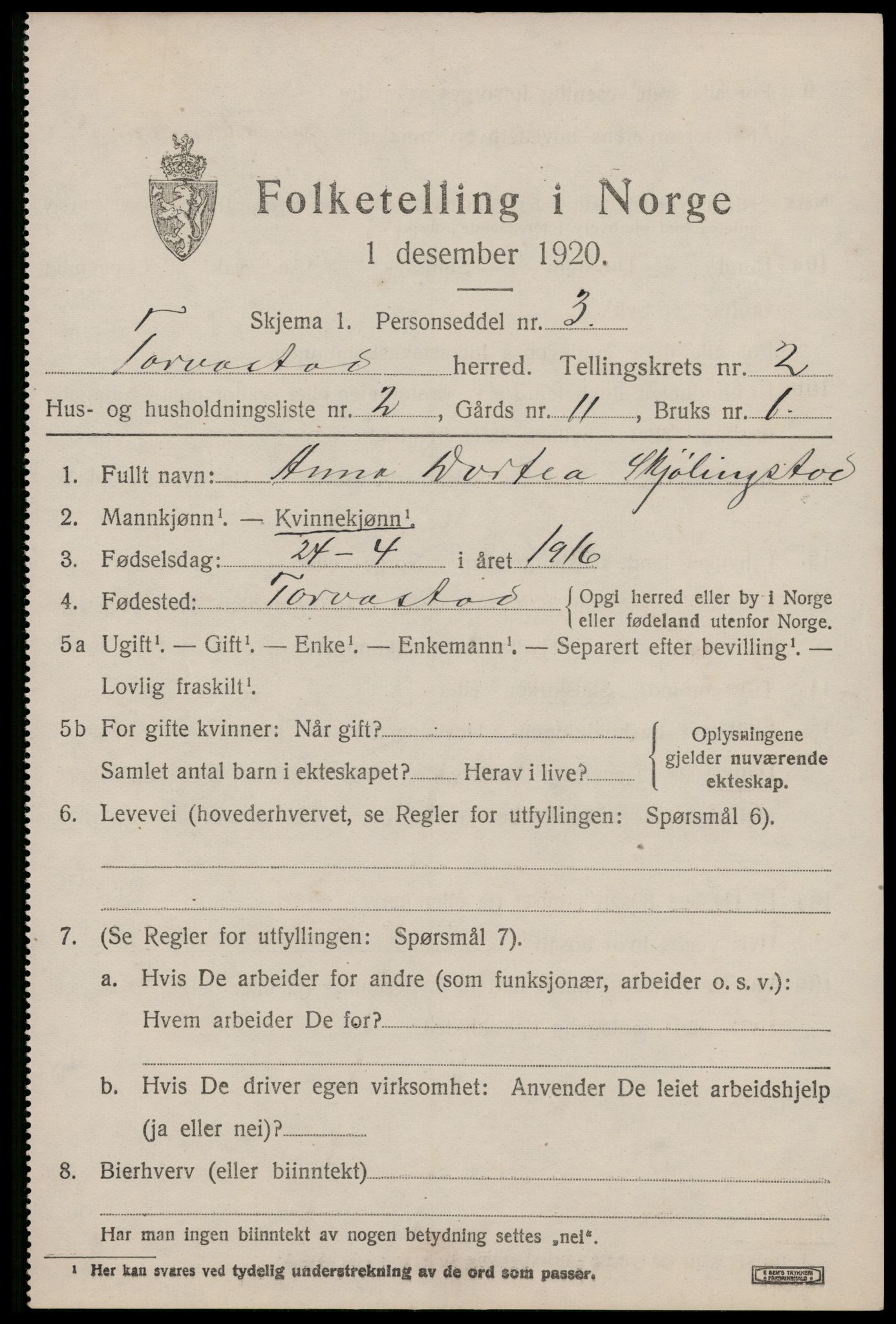 SAST, 1920 census for Torvastad, 1920, p. 2000